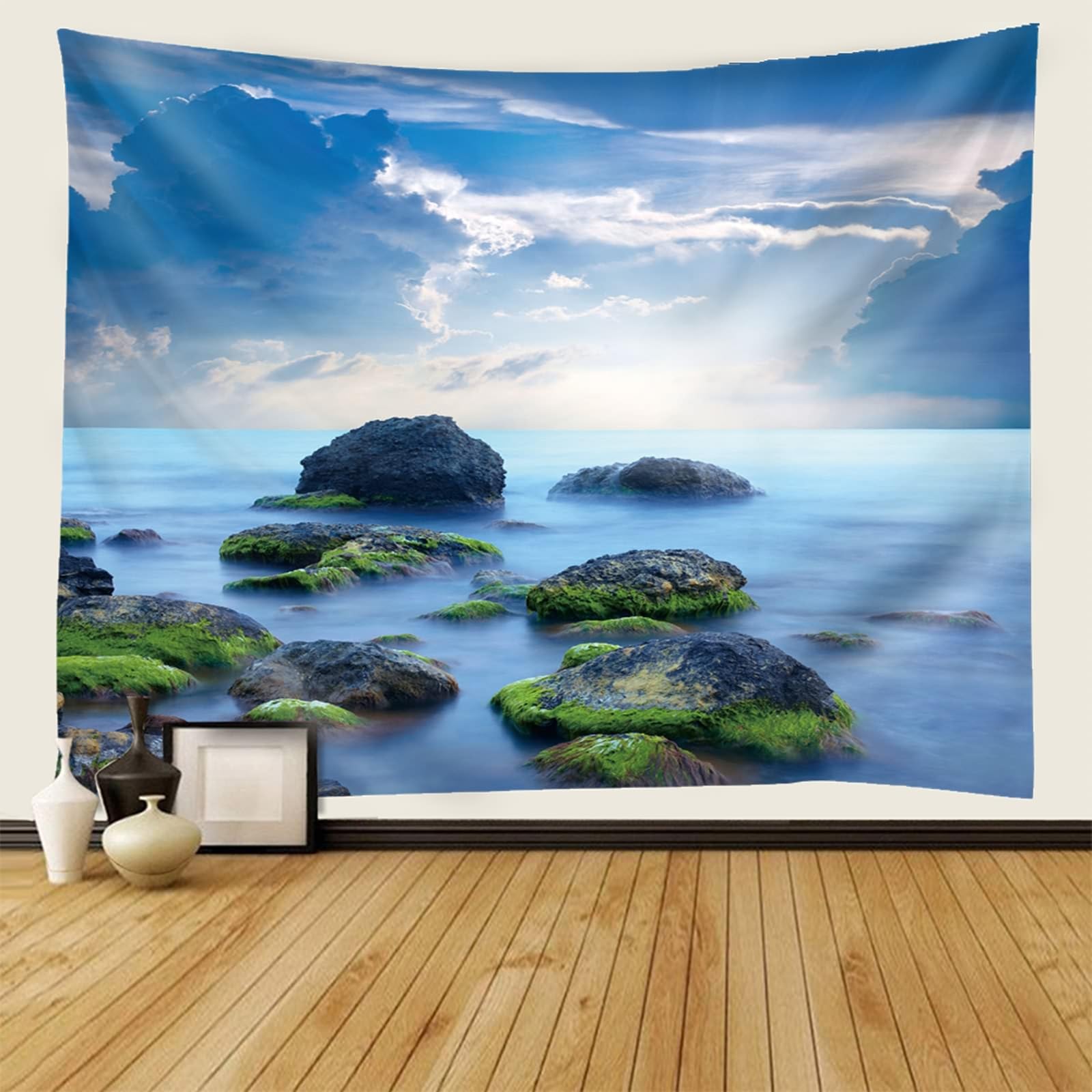 Gualiy Wandtuch Schlafzimmer 240x220cm, Wandbehang Stein Meer Himmel Szenerie Wandbehang für Schlafzimmer Wohnheim Dekor, Blau Grün