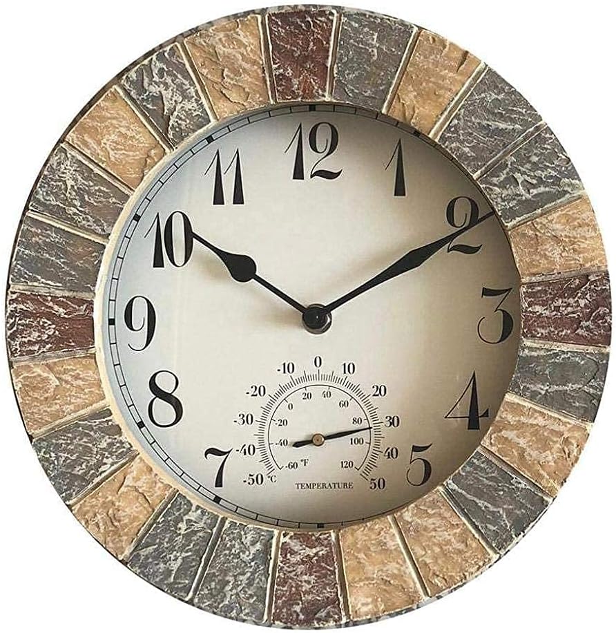 Wall Clock, Garden Clocks Outdoor Waterproof, Moisture and Dusoof Clocks for The Garden Wall Mounted with Temperature and Humidity Outside Clock