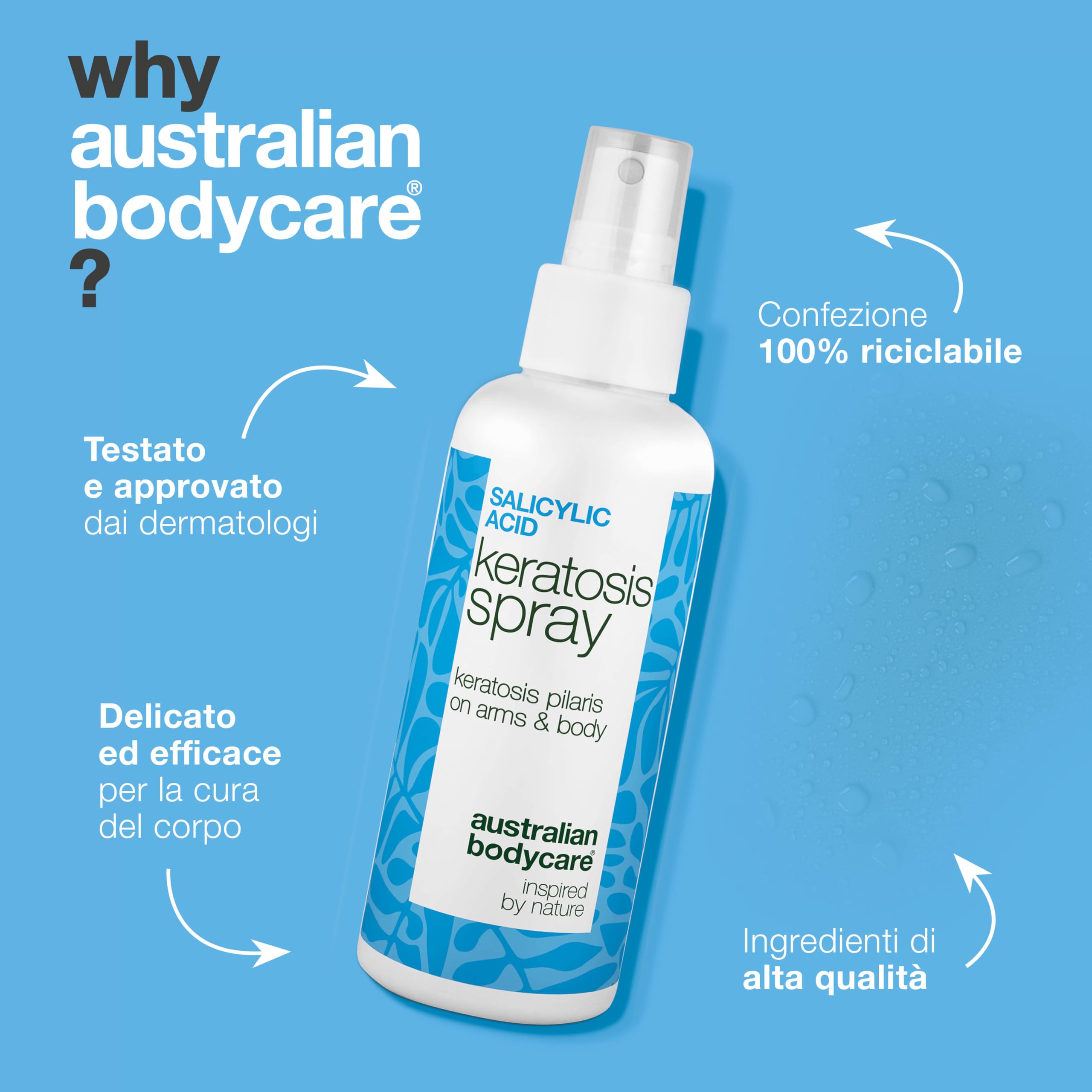 Spray per Keratosis Pilaris – contro pelle di pollo, ruvida e con brufoletti – con acido salicilico, acido glicolico, glicerina e pantenolo