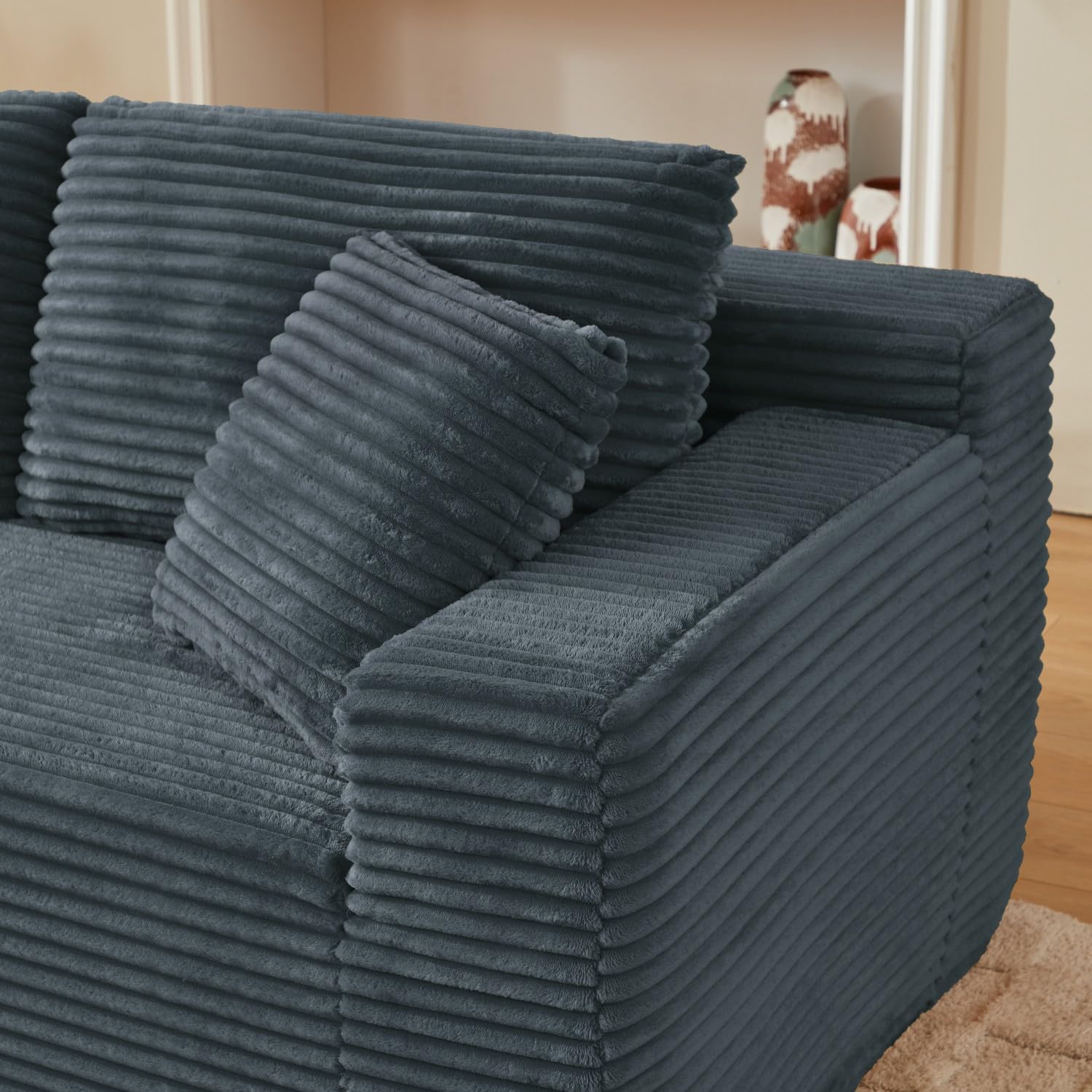 Sofá esquinero en forma de L de 4 plazas, sofá modular de pana con taburete, cómodo sofá de salón con 2-6 almohadas, ahorra espacio para salón y apartamentos, 256 x 134 cm (gris-izquierda)