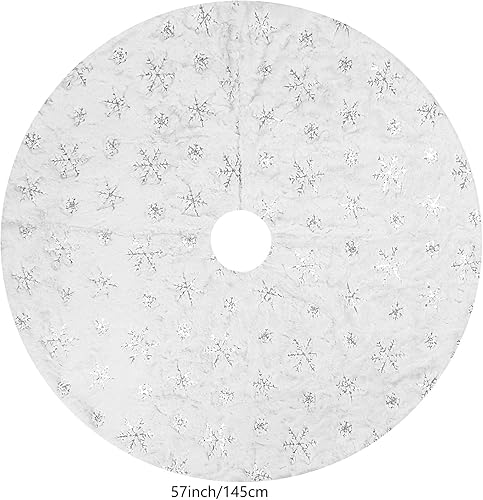 Miniatura 4 de Amidaky Falda de árbol de Navidad de 57 pulgadas, color blanco, de piel sintética plateada, copo de nieve grande, para decoración de fiesta de