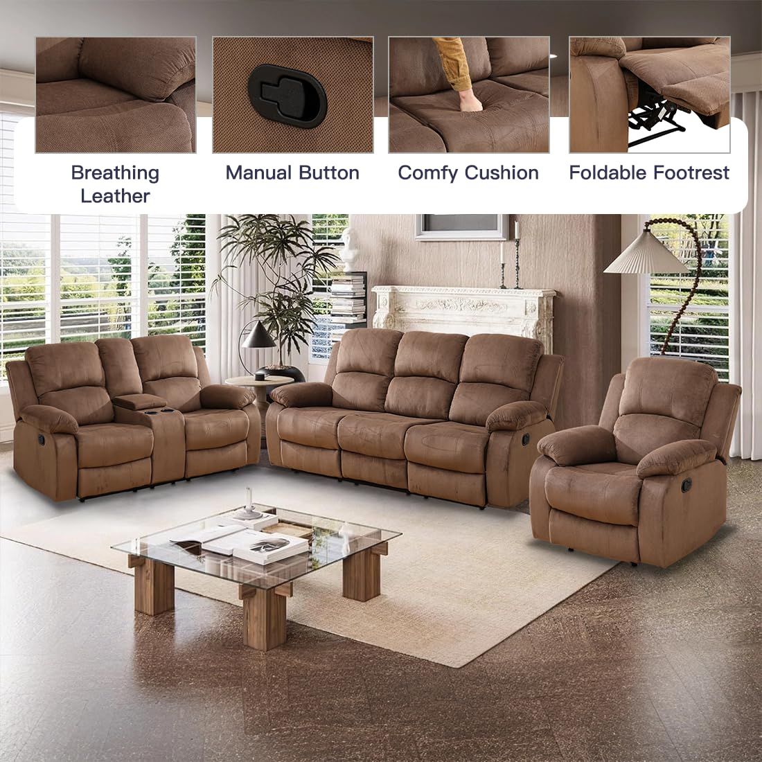 Toseslo Manual Reclining Couch Sofa Set with Drop-Down Table, 3 Pieces Brown Corduroy Recliner Couch Sets, Living Room Furniture Sets, Recliner Sofa with Storage Console/Cup Holder for Home/Apartment view 4