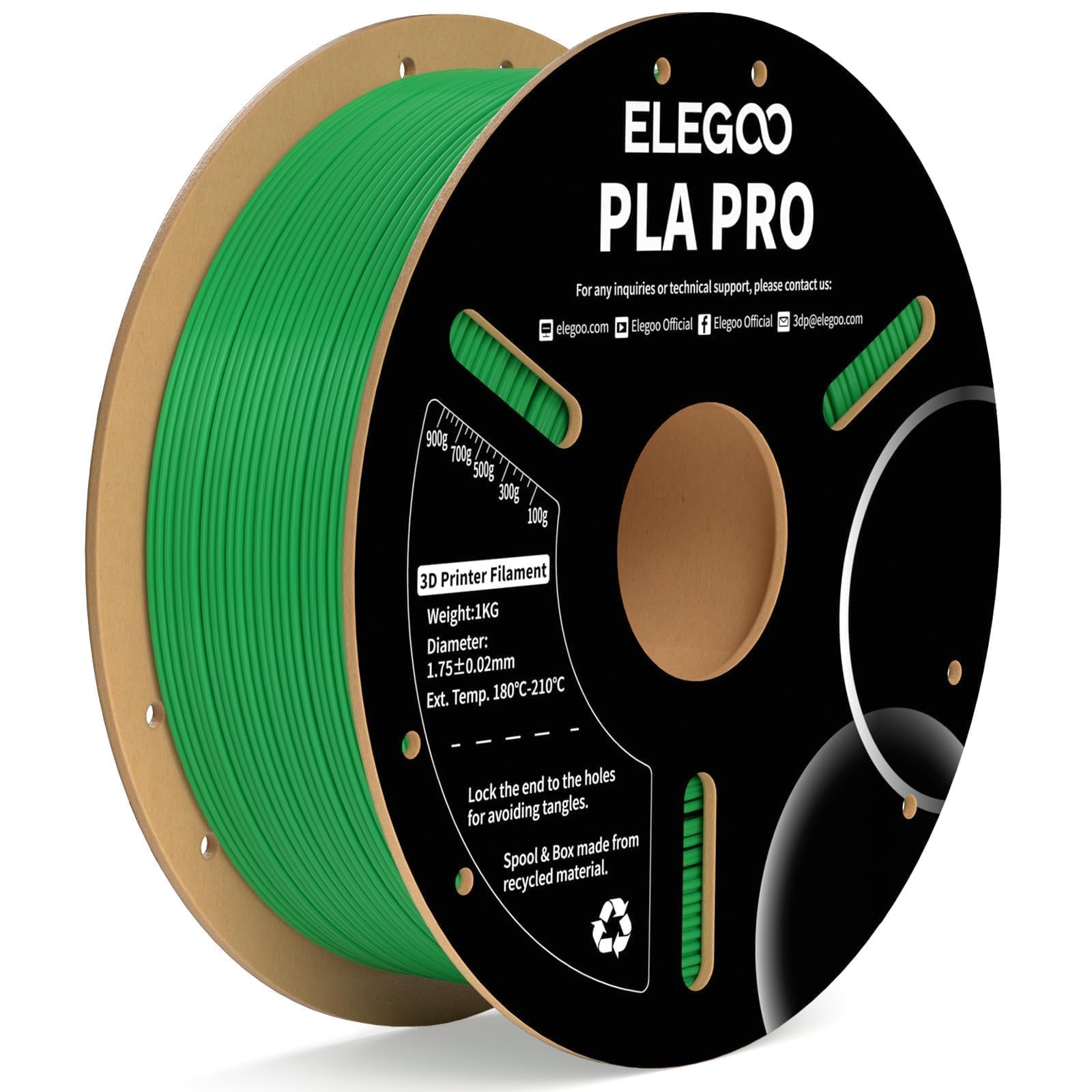 ELEGOO PLA PRO Filament 1.75mm Green 1KG, 30-250mm/s Printing Speed Improved Rigidity 3D Printer Filament Dimensional Accuracy +/- 0.02mm, 1kg Spool (2.2lbs)