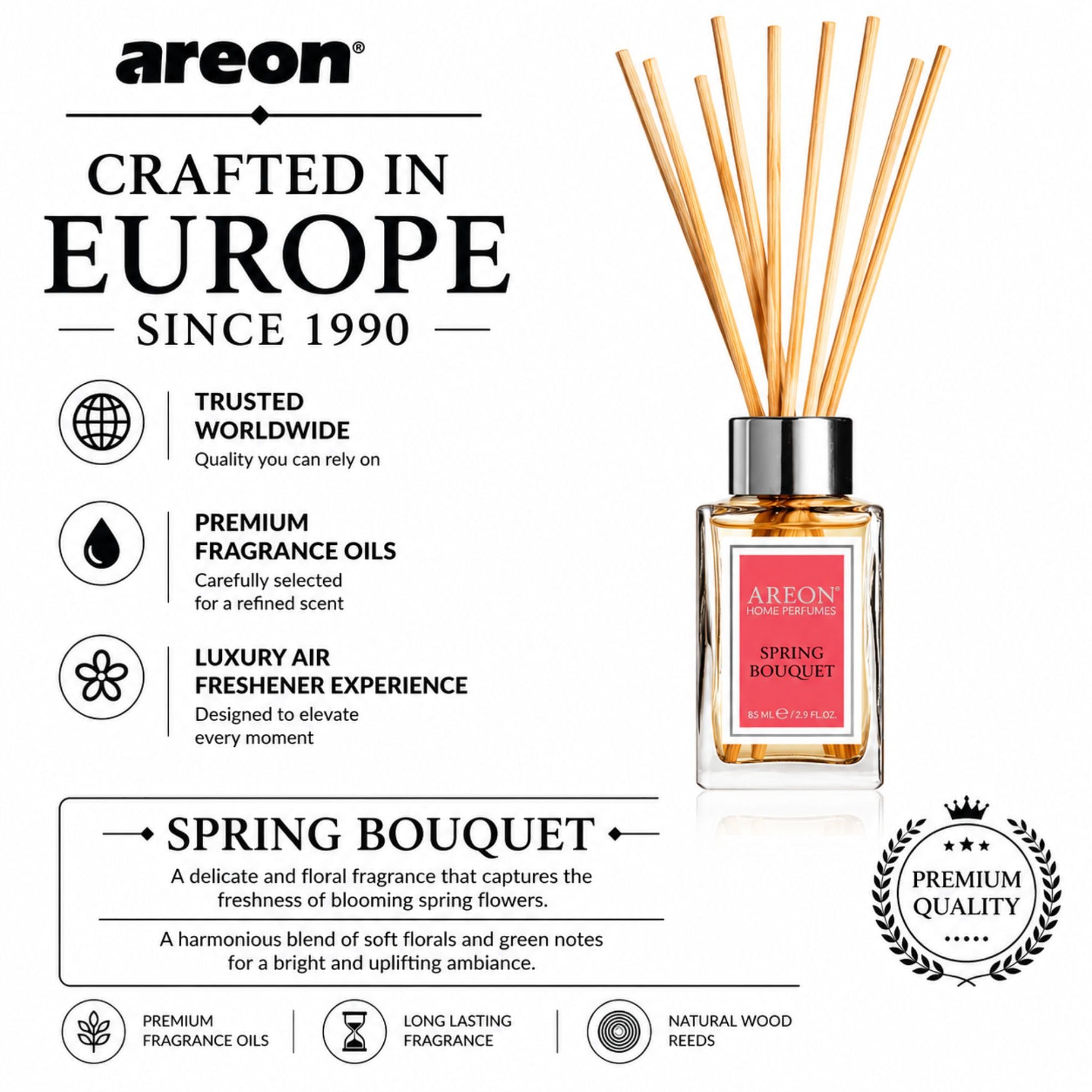Zapach do pomieszczeń Areon Home PARFUM Dyfuzor z patyczkami rattanowymi Home & Office (paczula-lawenda i wanilia 85 ml)