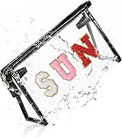 Vista 12 de COSHAYSOO Bolsa de Maquillaje Transparente con Protección Solar, Bolsa de Protector Solar con Parches de Letras, Accesorios Esenciales de Playa