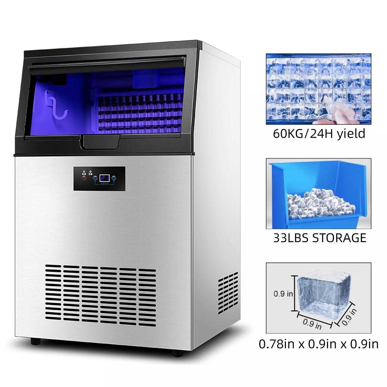 Macchina per il ghiaccio commerciale, 60 kg/24 h, grande contenitore da 15 kg, 40 cubetti di ghiaccio a sfera, macchina per ghiaccio da tavolo in acciaio inox autopulente, con compressore da 201 W