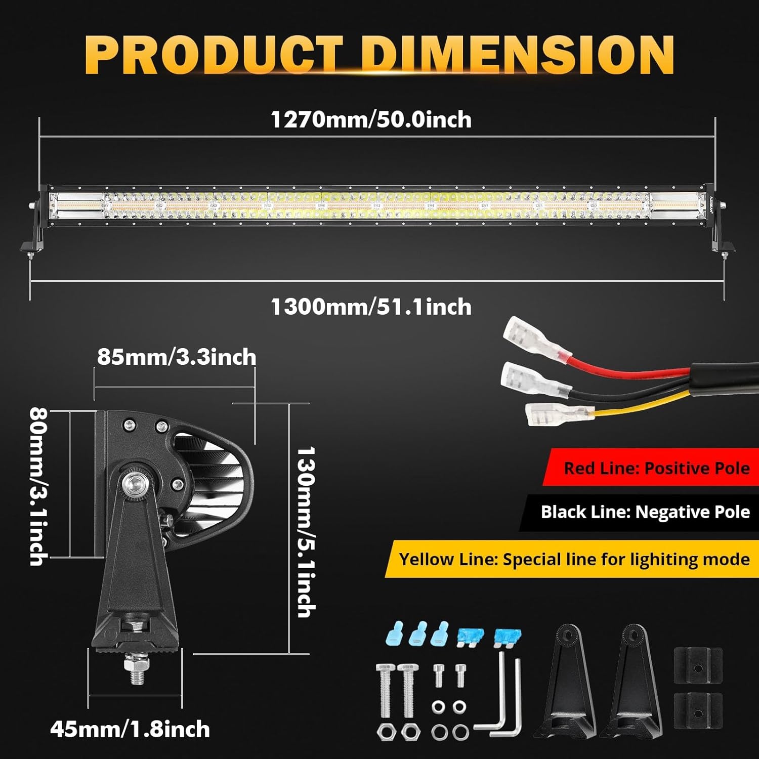Wiring diagram for the Auxbeam LED light bar showing red, black, and yellow wires