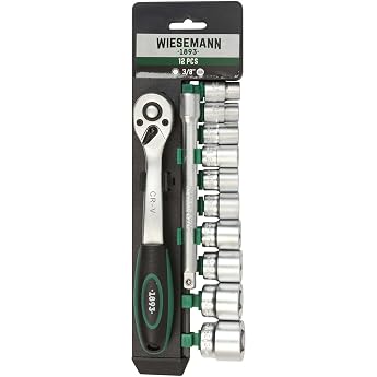 WIESEMANN 1893 Socket Spanner Set 12 Pieces with 3/8 Inch Ratchet, 10 mm - 24 mm Hex Bit Inserts and Extension 150 mm Made of