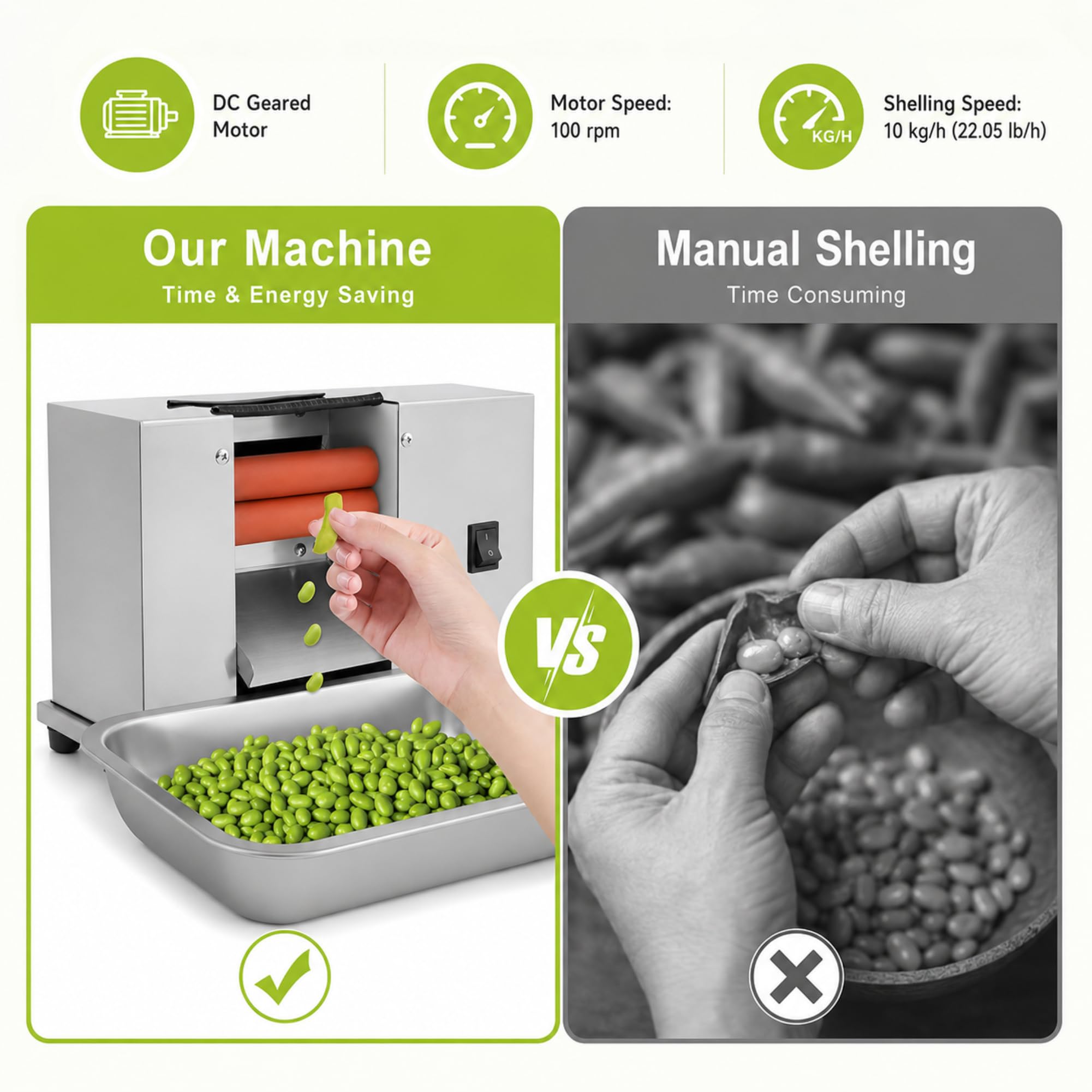 Décortiqueuse de petits pois électrique pour edamame et haricots, 10 kg/h avec plateau