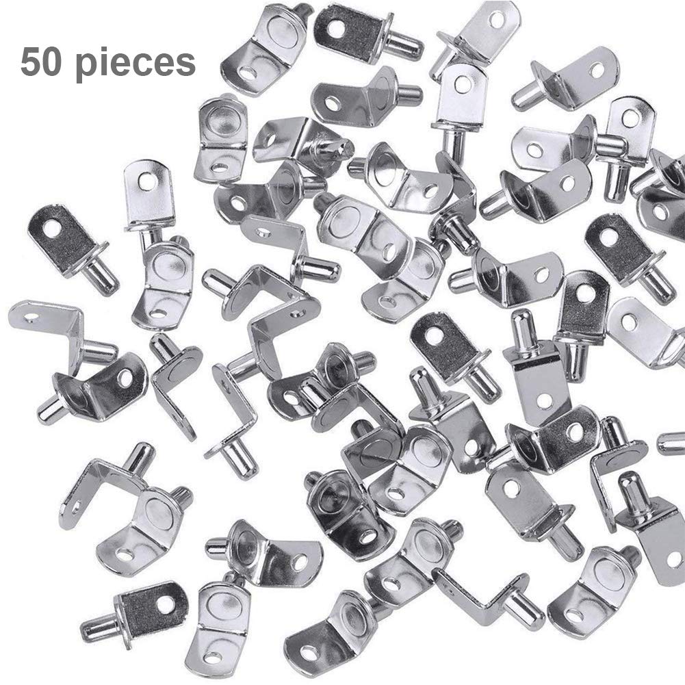 "50 Pcs 6mm Shelf Pins, L-Shaped Nickel Plated Shelf Support Pegs with Hole for Cabinet, Bookcase, Closet, Kitchen Furniture - Durable Metal Bracket Holders". — Amazon image 7