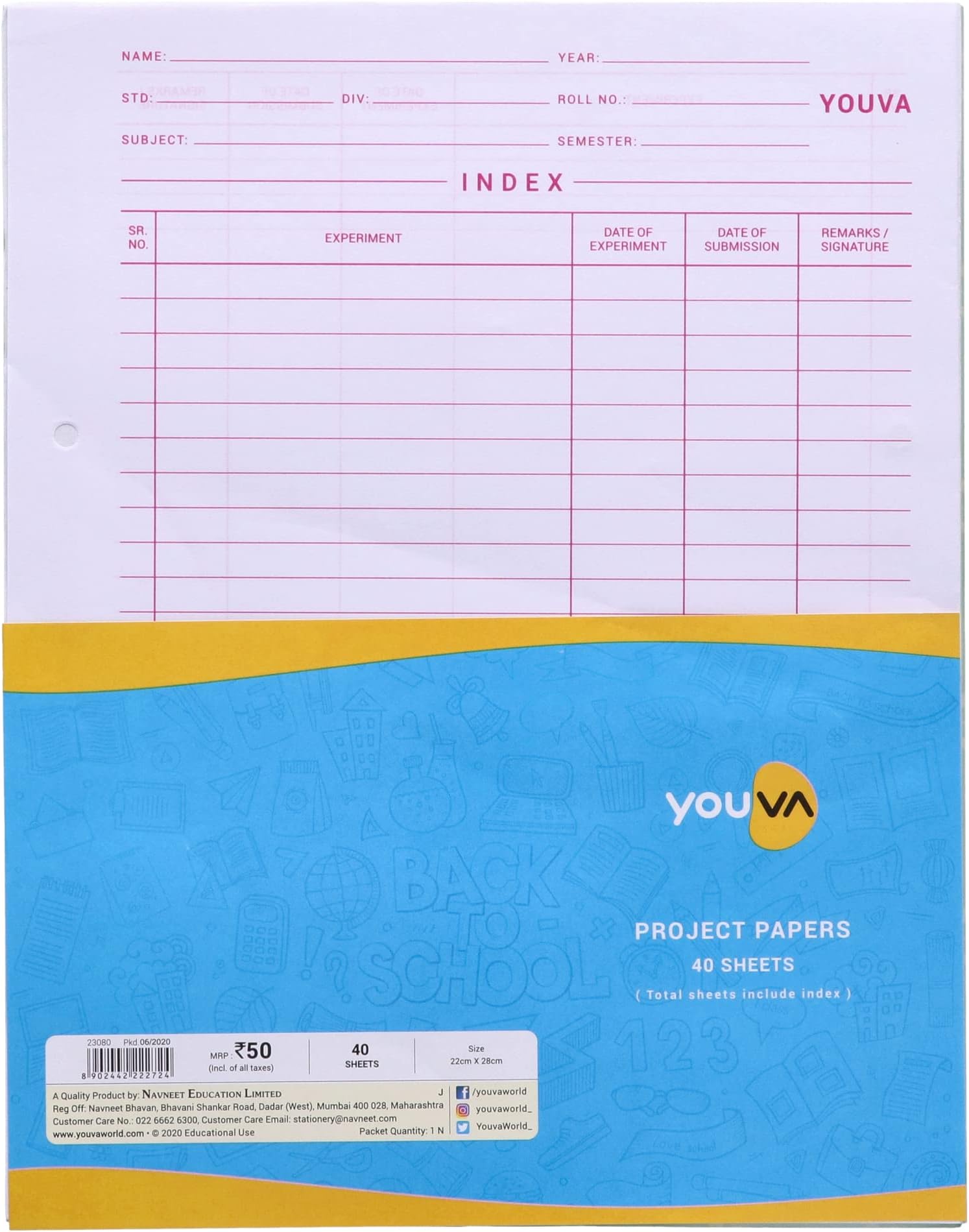 - YOUVA Navneet Project Paper For Project/Assignment/Practical/Homework | 22 Cm X 28 Cm | 1 Side Ruled / 1 Side Plain | 40 Sheets| Pack Of 4