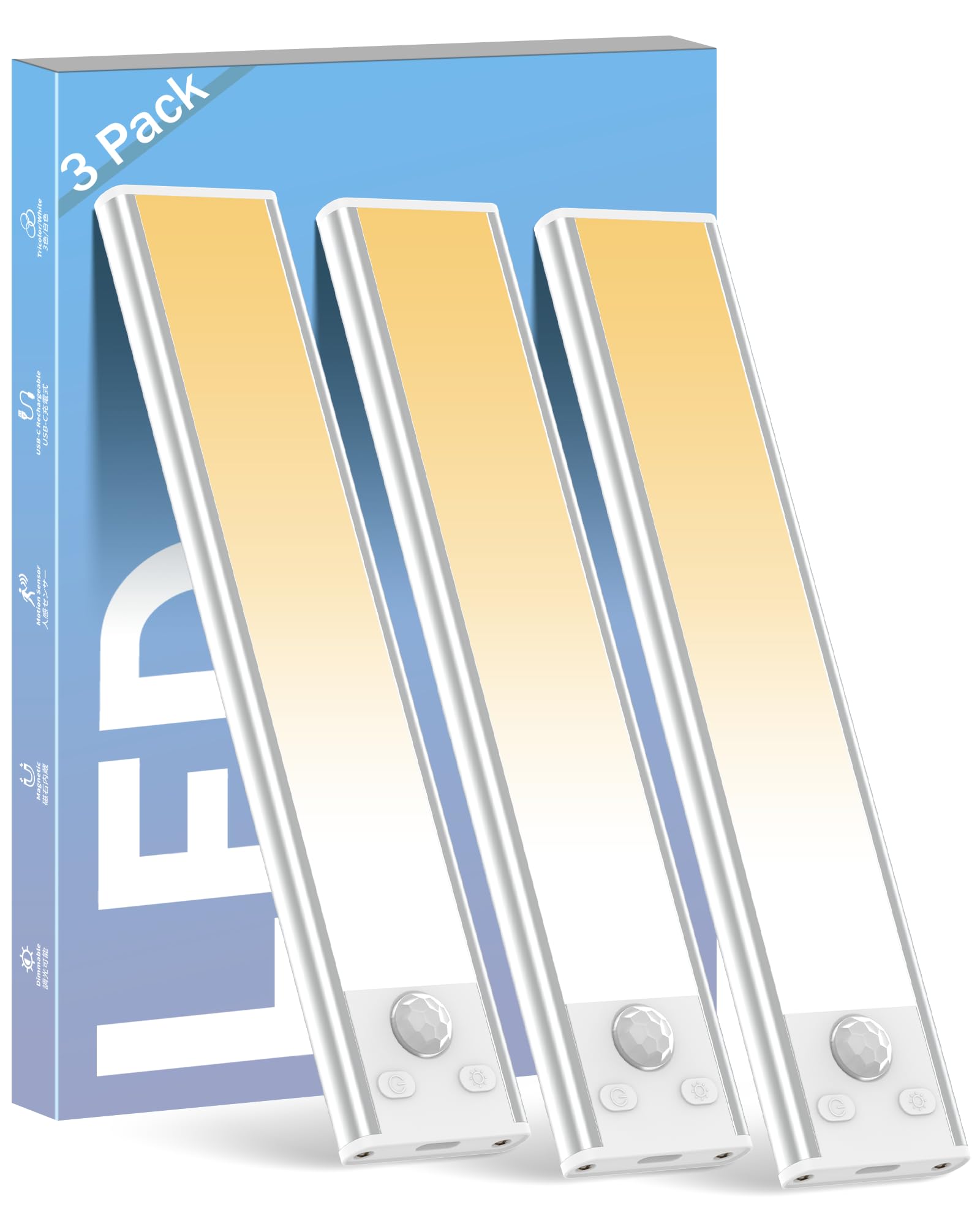 ASOKO Under Cabinet Lights Motion Sensor Light Indoor 3-Colors USB-C Rechargeable LED Closet Lights Battery Operated Wireless Magnetic Light Strip for Kitchen(Silver-3 Colors Light, 3 Pack-7.8inch)