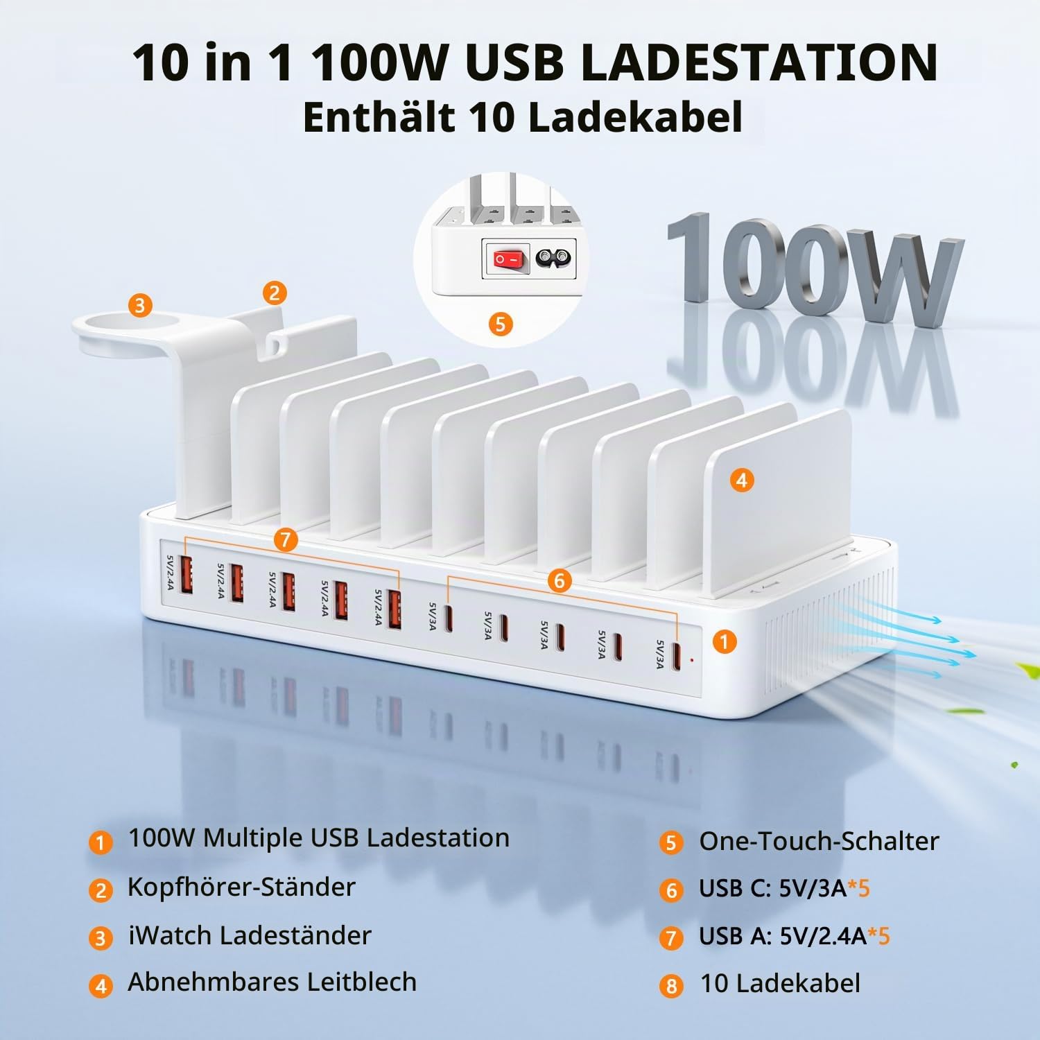 Ladestation Mehrere Geräte, USB C ladestation 100W, 10 Ports USB-Schnellladegerät Mit Uhrenhalterung und 10 Cables,ladestation Handy für iPhone/Samsung, Tablets und andere USB-Geräte
