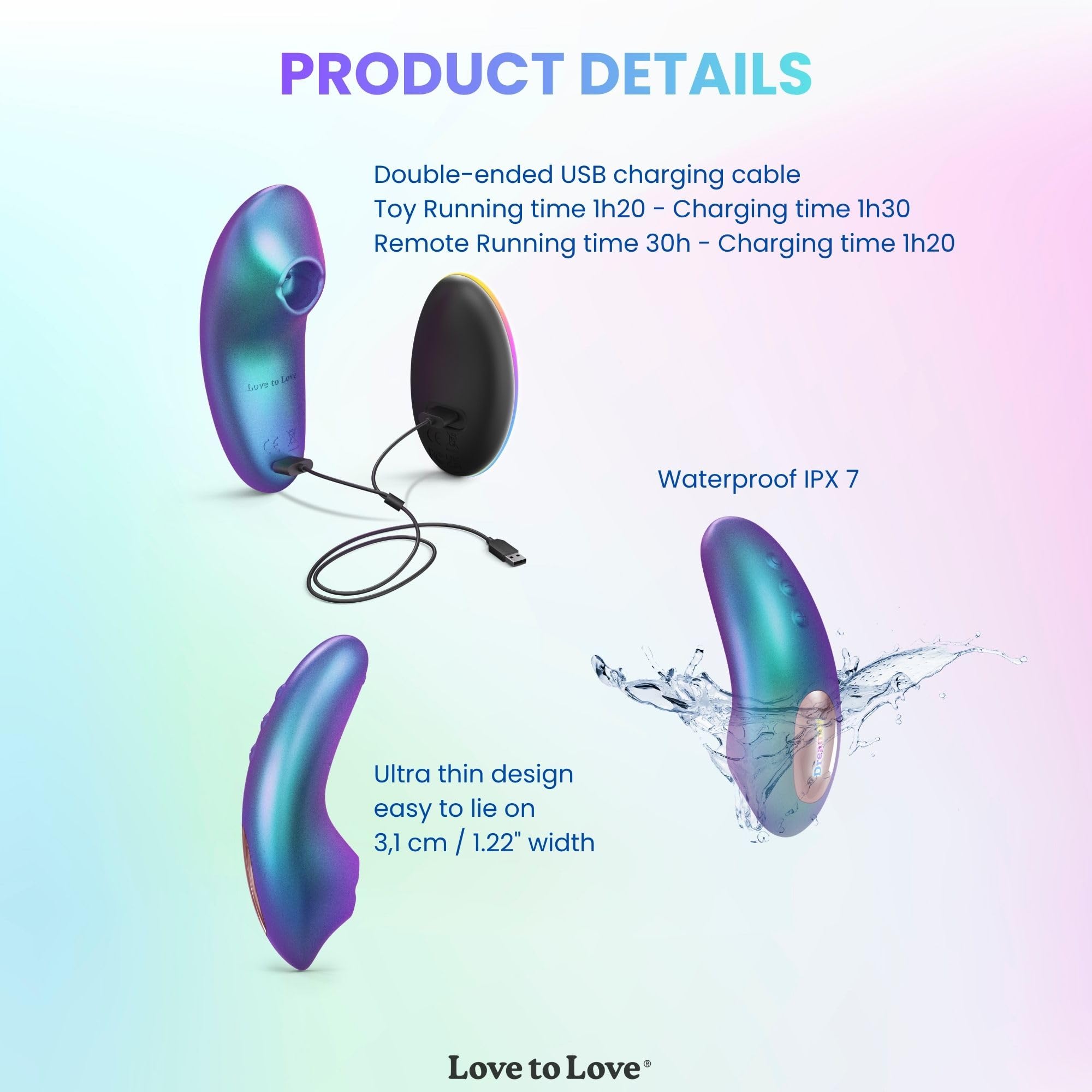 Love to Love Dreamer stimolatore clitorideo – ultra sottile con Flapping Design, modalità Sense Touch, telecomandato, LED, ricaricabile, impermeabile IPX7