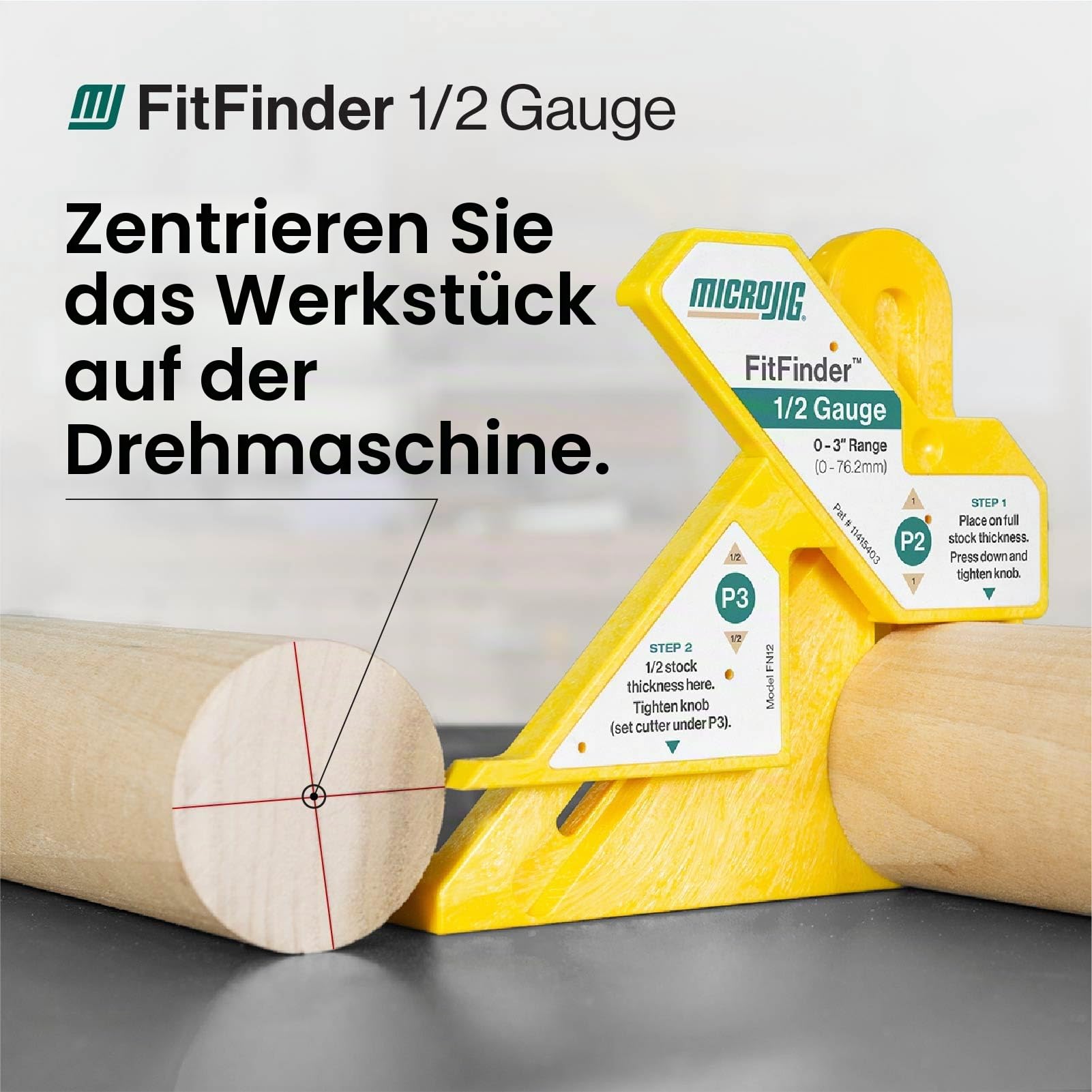 MicroJig FitFinder 1/2 – Einstelllehre zur Ermittlung der halben Materialstärke – Zentrumsfinder für Holzarbeiten – Für Werkstücke bis 76 mm – Robuster ABS-Kunststoff