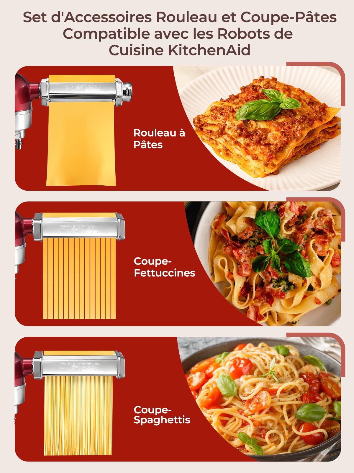 FOHERE Accessoires pour Machine à Pâtes pour KitchenAid Robot Pâtissier, Comprend Rouleau à Pâtes, Coupe-Fettuccines, Coupe-Spaghettis et Brosse à Nettoyage (7 épaisseurs Réglables)