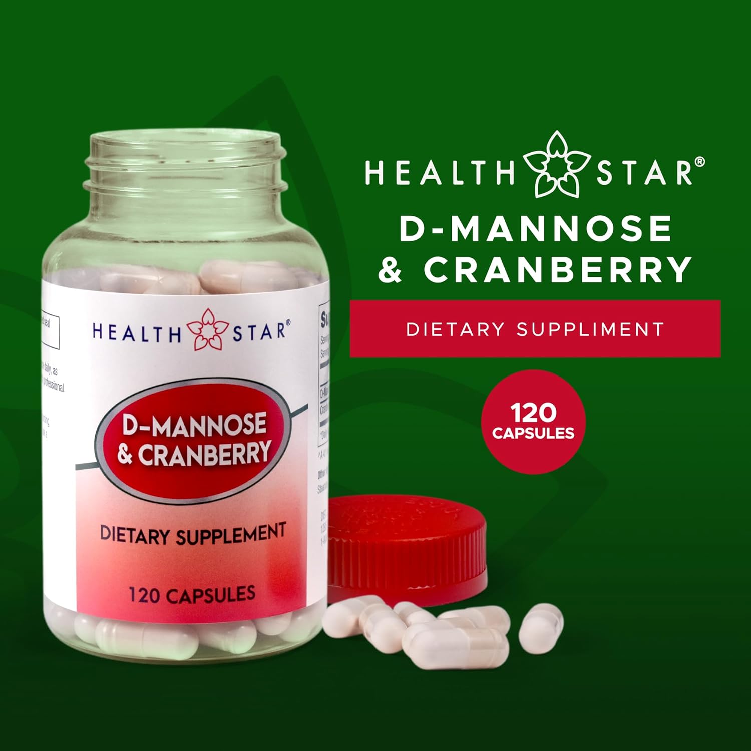 D-Mannose & Cranberry 1300mg by Health Star | Vegan & Non-GMO Urinary Tract Health Supplement | UTI Defense & Bladder Support for Women & Men | Natural Urinary Cleanse & Immune Support | 120 Capsules - Image 2