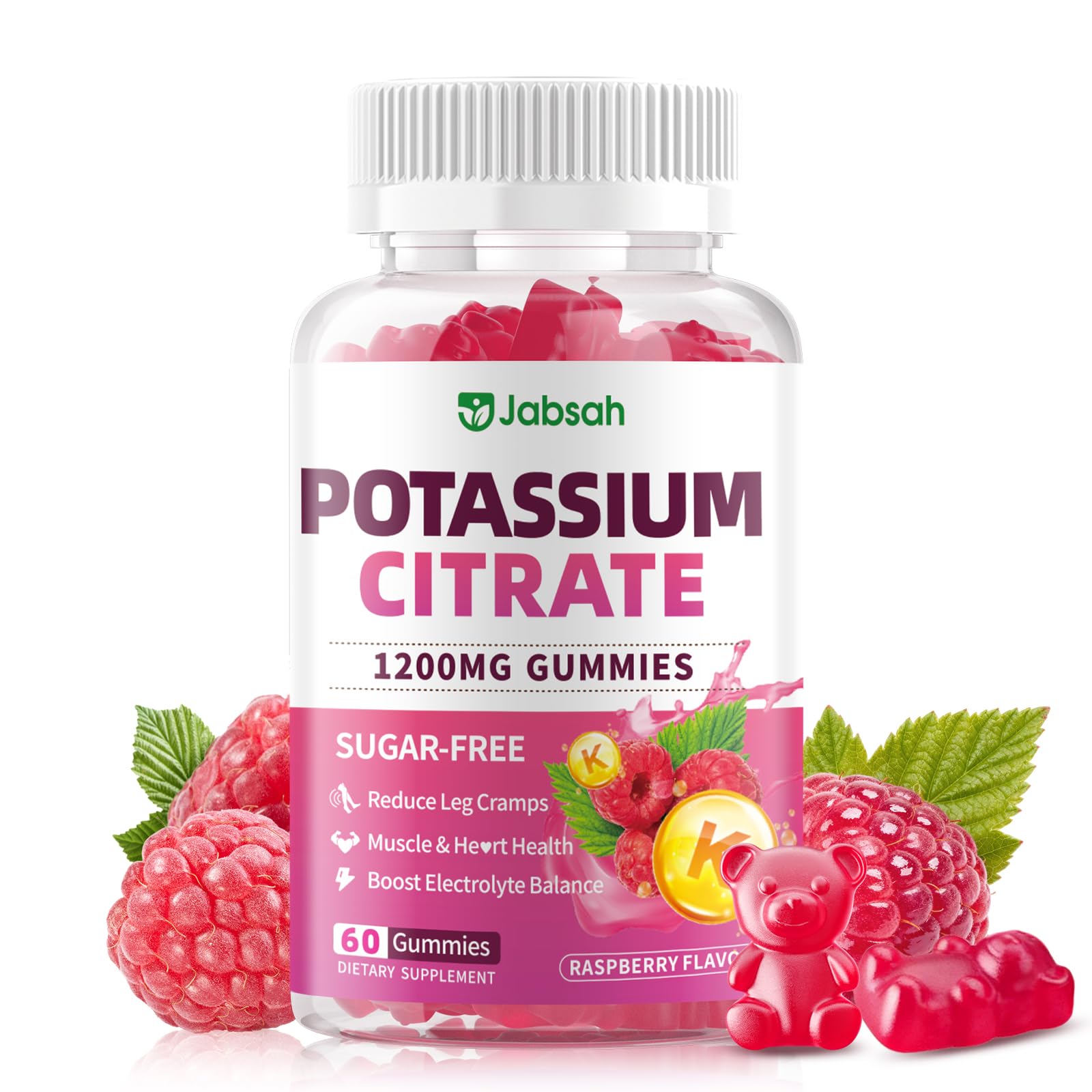 Potassium Citrate Gummies 1200mg, Sugar-Free Potassium Supplement for Adults Women & Men, Supports Leg Cramps & Muscle & Heart Health, Vegan, Gluten Free - Raspberry Flavor (60 Count) 60 Count (Pack of 1)