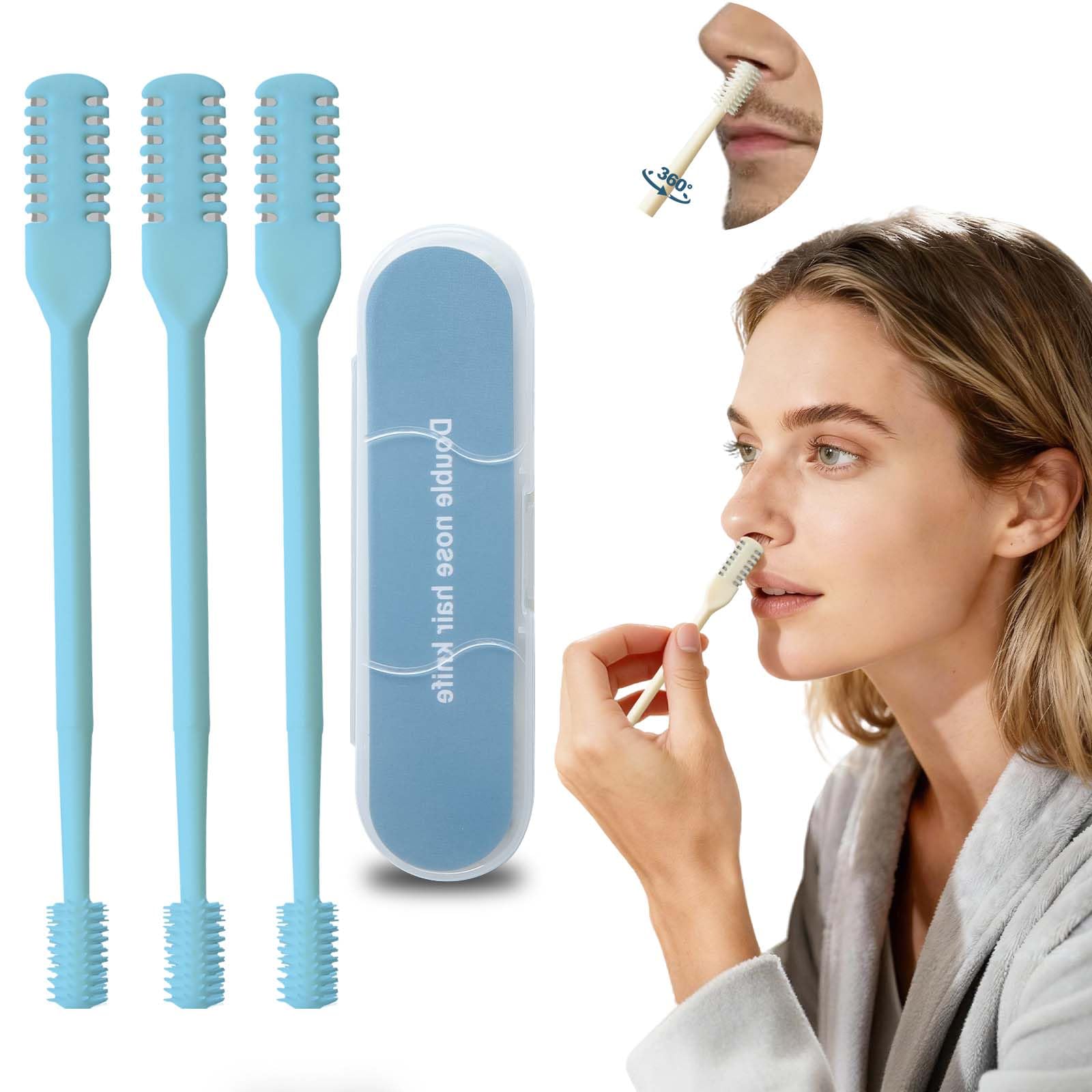 3 Pack Blue Manual Nose Hair Trimmer 360 Rotating Double-Sided Stainless Steel Blade Portable Nasal Groomer for Men