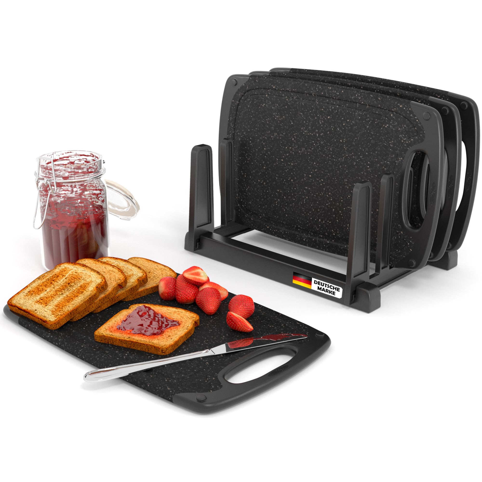 Frühstücksbrettchen 4-er Set mit Ständer 24x14 cm, schwarz-schwarz spülmaschinenfest beidseitig rutschfest mit Saftrille und Griff Schneidebrettchen Kunststoff klein antibakteriell