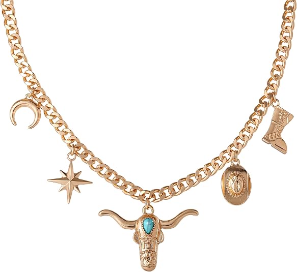 Jessica Simpson Multi Pendant Charm Necklace for Women 16.5-17