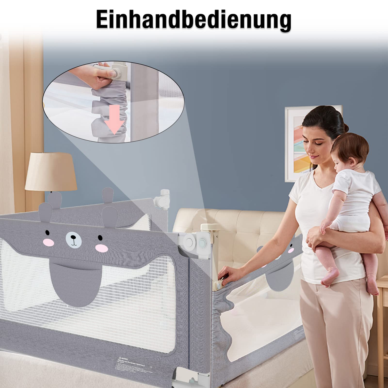 Aufun barandilla de Cama para riel de Cama para niños, protección contra caídas para Cuna elevación Vertical, riel de Cuna, para familias y Viajes, Gris, Osito, 200 cm