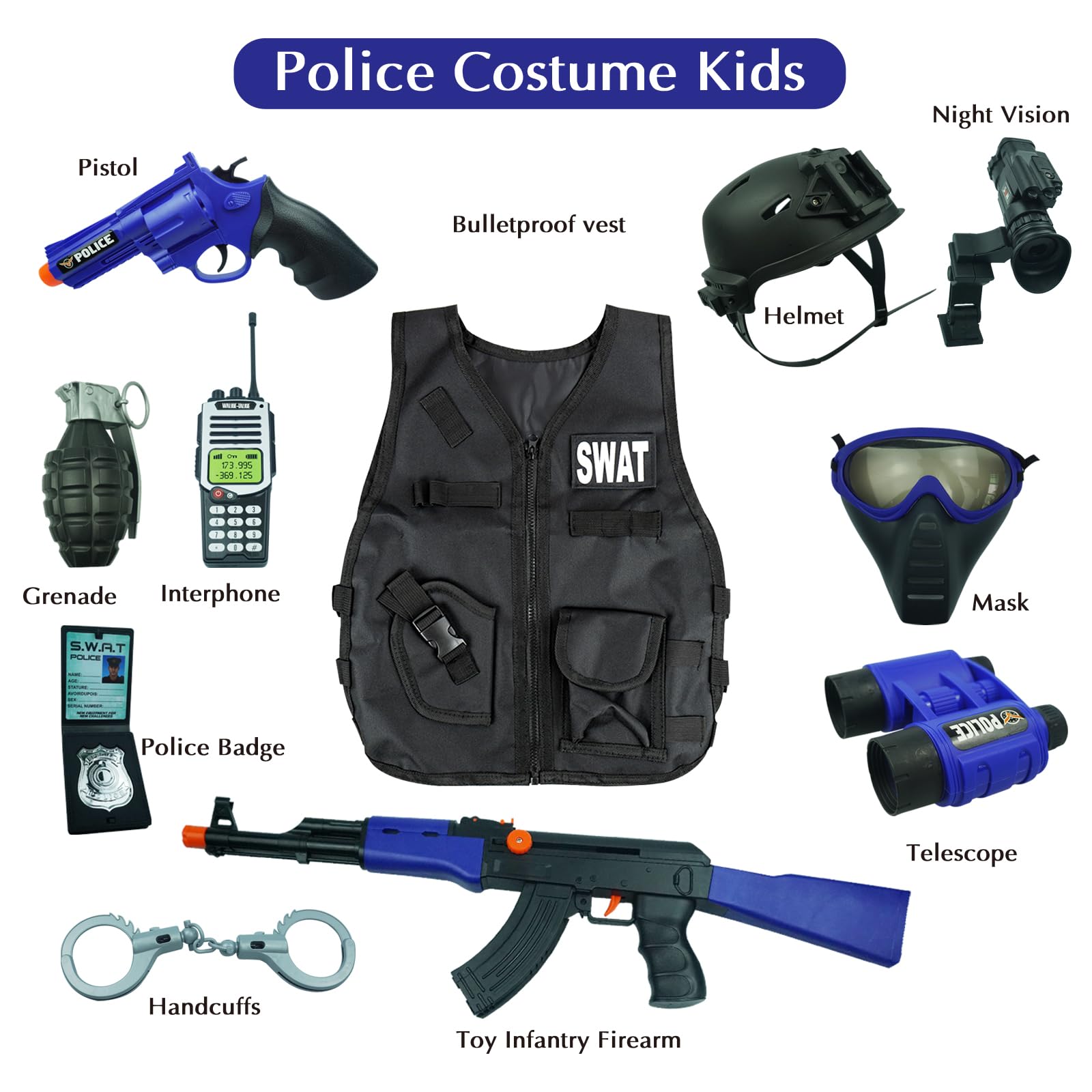 RedCrab Disfraz de Policía para Niño con 12 Accesorios: Equipo, Chaleco, Sombrero, Juguetes, Esposas, Walkie Talkie, Insignia, Cinturón - para Halloween 3-10 Años