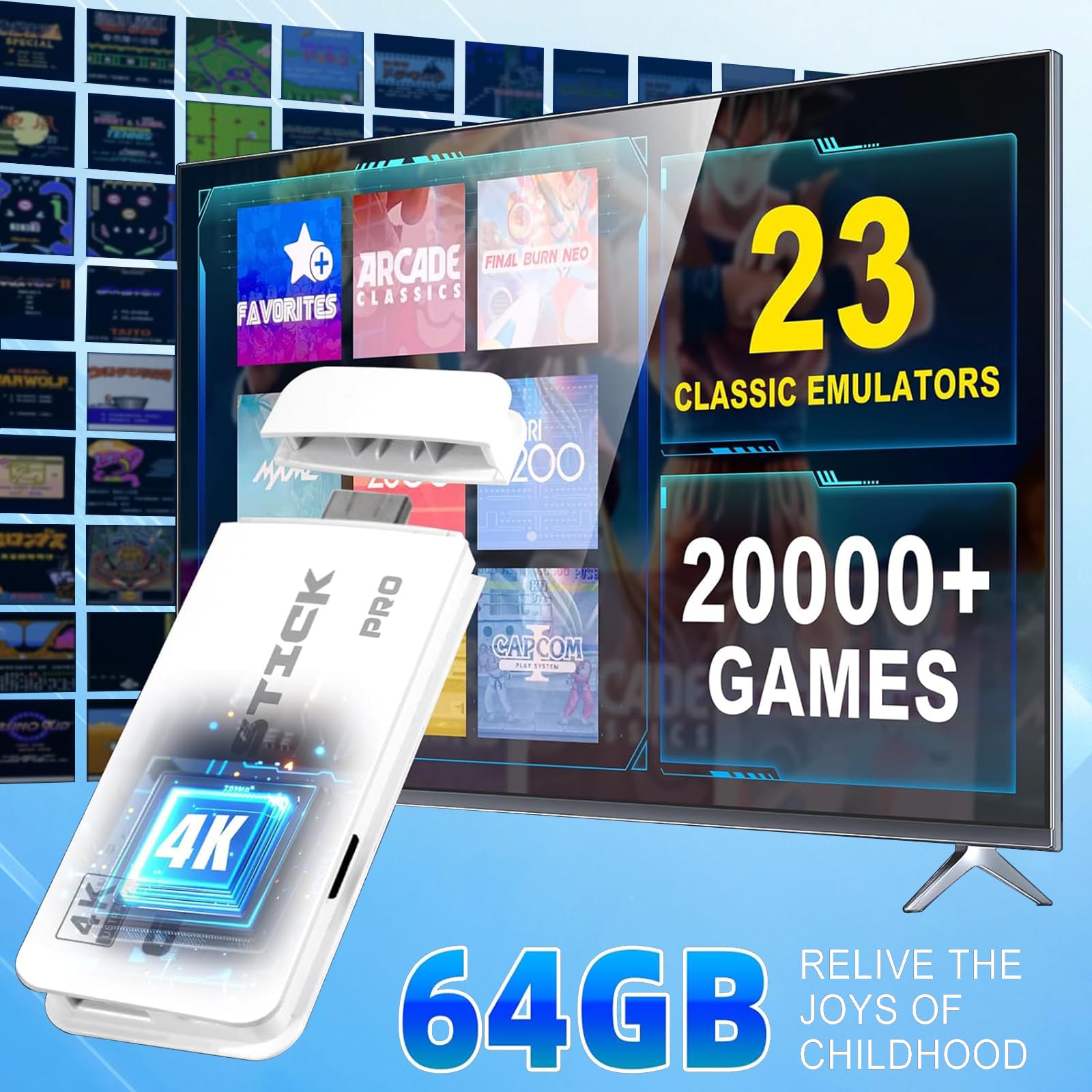 Retro Konsole Spielkonsole 4K Game Stick eingebauten 20000+ Spielen 23 Emulator, Plug and Play Wireless Videospielkonsole für TV, Geschenk für Jungen & Erwachsene