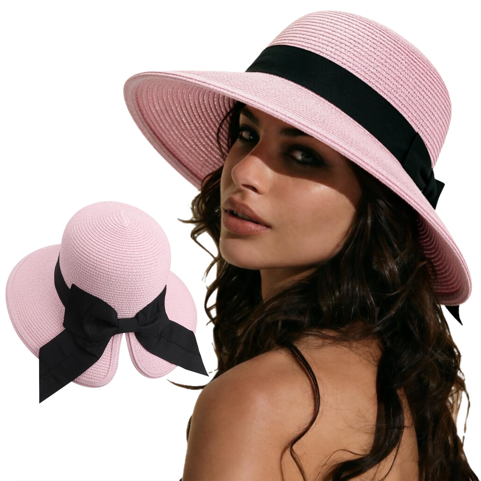 DRESHOW Sun Hats for Women Travel Fedora Foldable Beach Sun Hat Summer Wide Brim Straw Bucket Hat with Bowknot UPF 50+