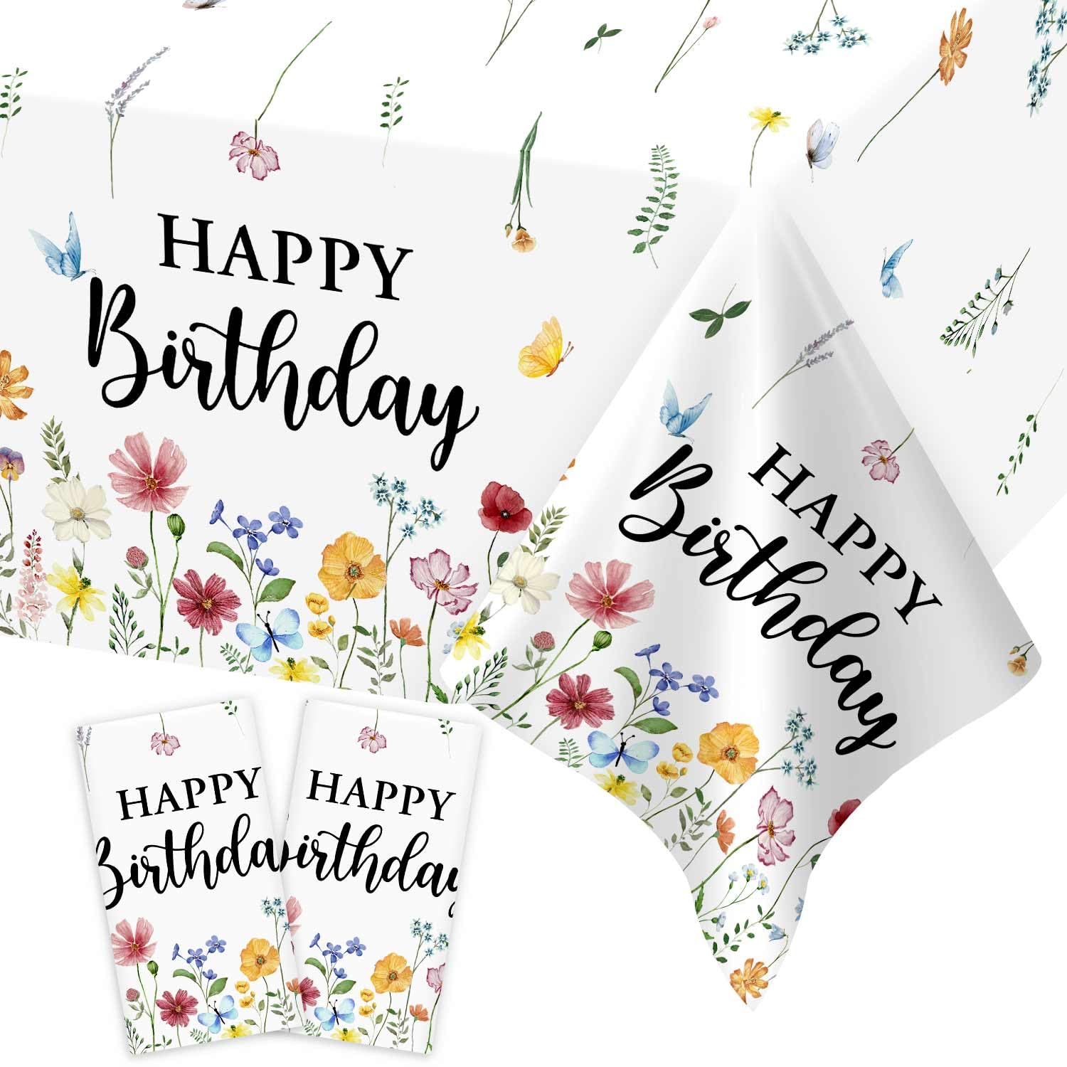 Heboland 2 Pack Floral Table Cloths, 137 x 274cm Wild Flowers Birthday Tablecloth Disposable Plastic Wildflower White Birthday Tablecloth for Girls Women Birthday Party Decorations