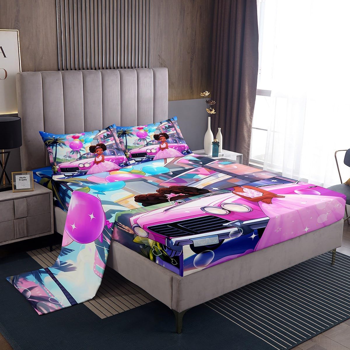 Manfei Black Princess Bed Sheet Queen Set,Sweet Dessert Birthday Cake Pink Sheet Sets Adults Bedroom Decor,Dreamy Castle Love Hearts Balloon Starry Bedding Set with Flat,Fitted Sheet,2 Pillows