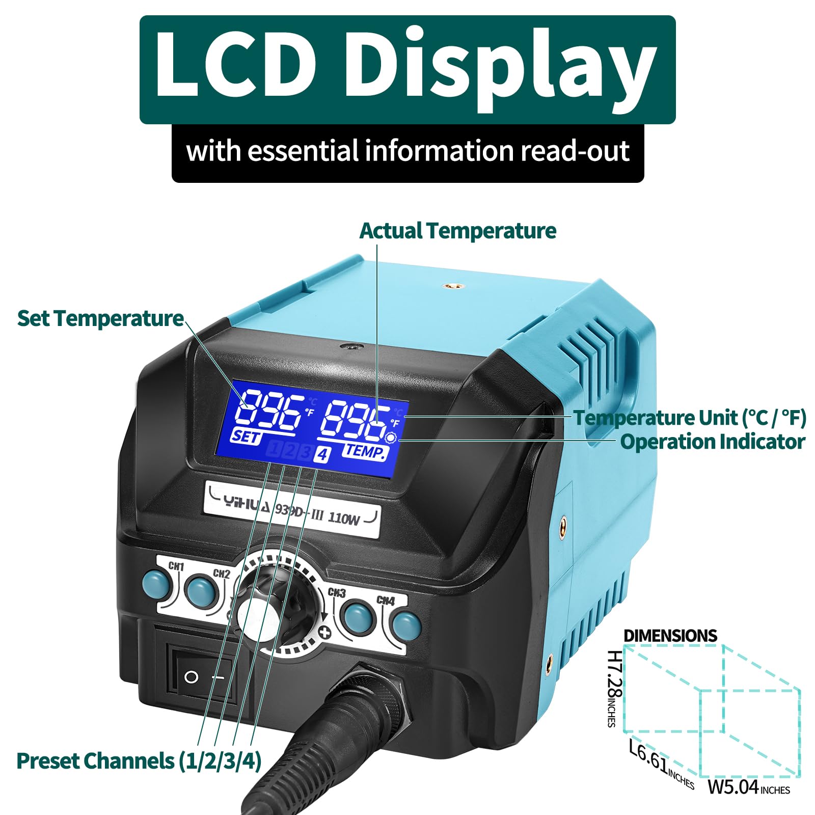 YIHUA 939D+-III EVO 110W High Power Digital Lötkolbenstation mit LCD-Display, 4 Speicherkanäle, Standby, Digitalkalibrierung, Lötdraht, Hilfshände, Lupe, 3 Spitzen