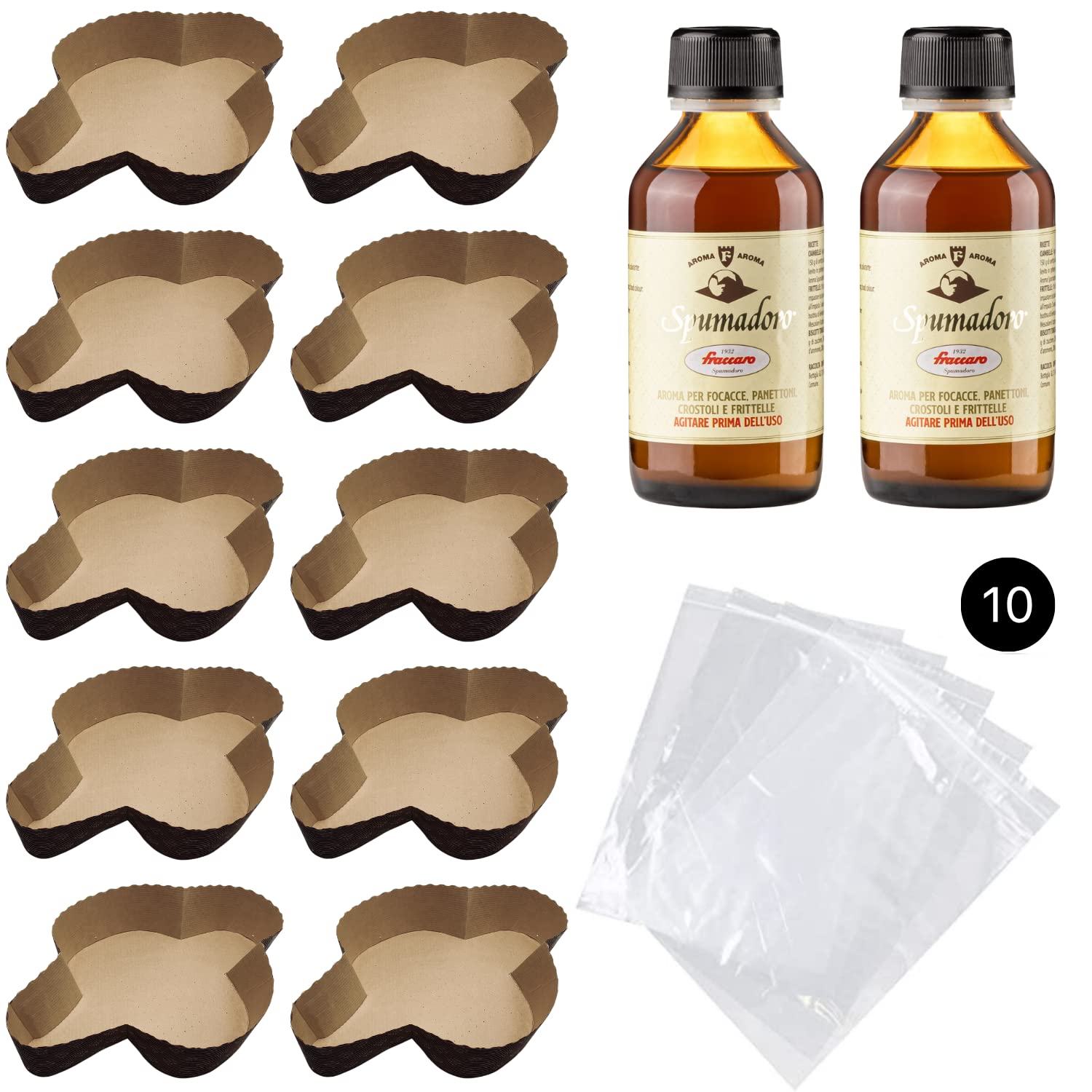 Kit Stampo per Colomba (10pz - 500gr) + Aroma per Colombe Fraccaro (2pz - 100 ml) + Sacchetto (10 pz), Stampi di Carta di Pura Cellulosa ideale per l’uso in Forno, resistente al calore 200°C