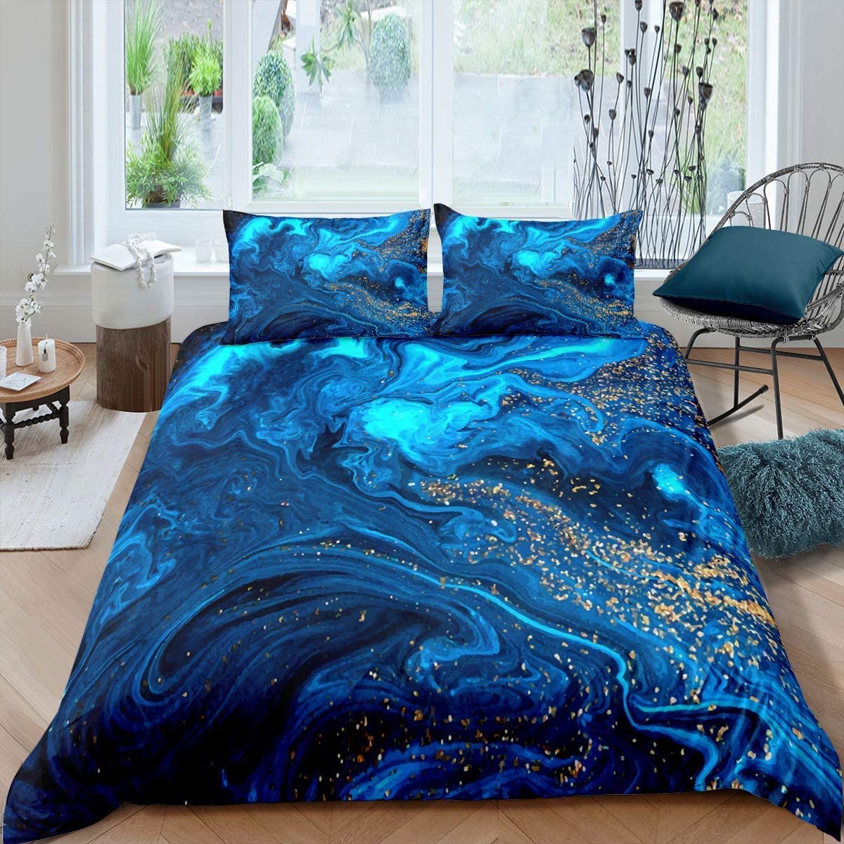 Set Copripiumino Matrimoniale 250x200 Cm Effetto Marmo Blu - Microfibra Morbida, Made In Italy - Foto 3