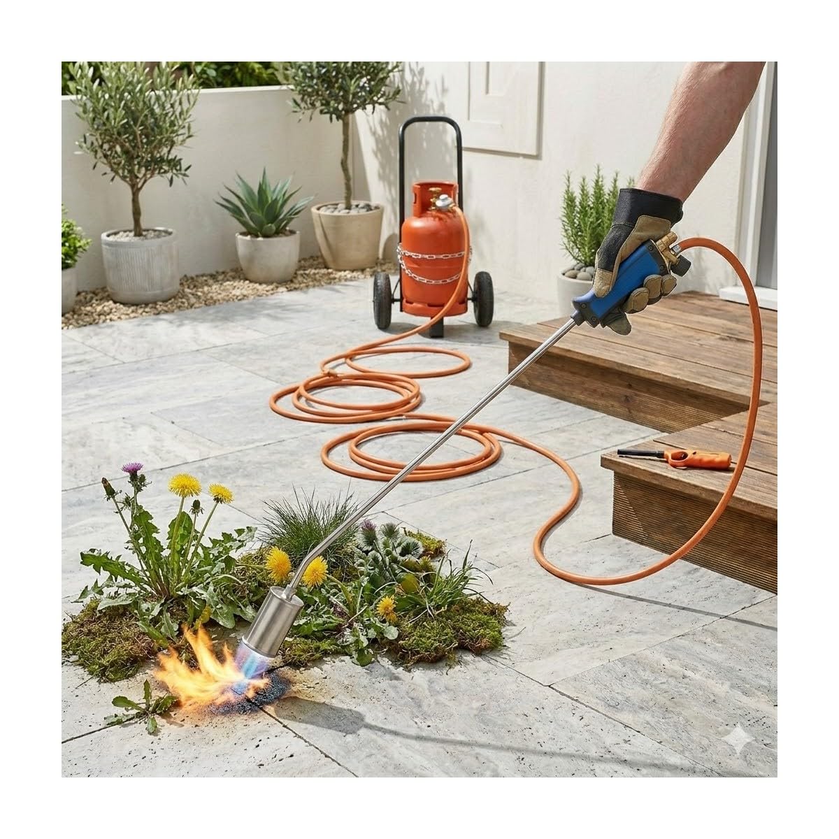 KEMPER - Desherbeur thermique + Tuyau gaz 5m, Détendeur propane, Allume gaz & Chariot à roues - Bruleur gaz 60mm Elimination Mauvaises Herbes
