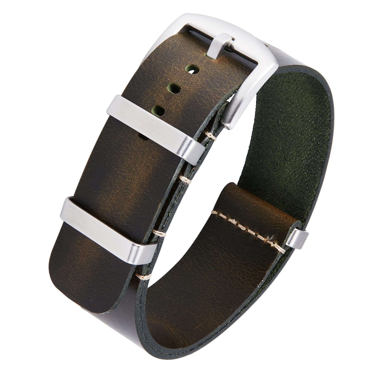 BINLUN Leather Watch Band Crazy Horse Oiled Leather Watch Straps 18mm 19mm 20mm 21mm 22mm 24mm Replacement One-Piece Watchbands for Men and Women Silver & Black Buckle