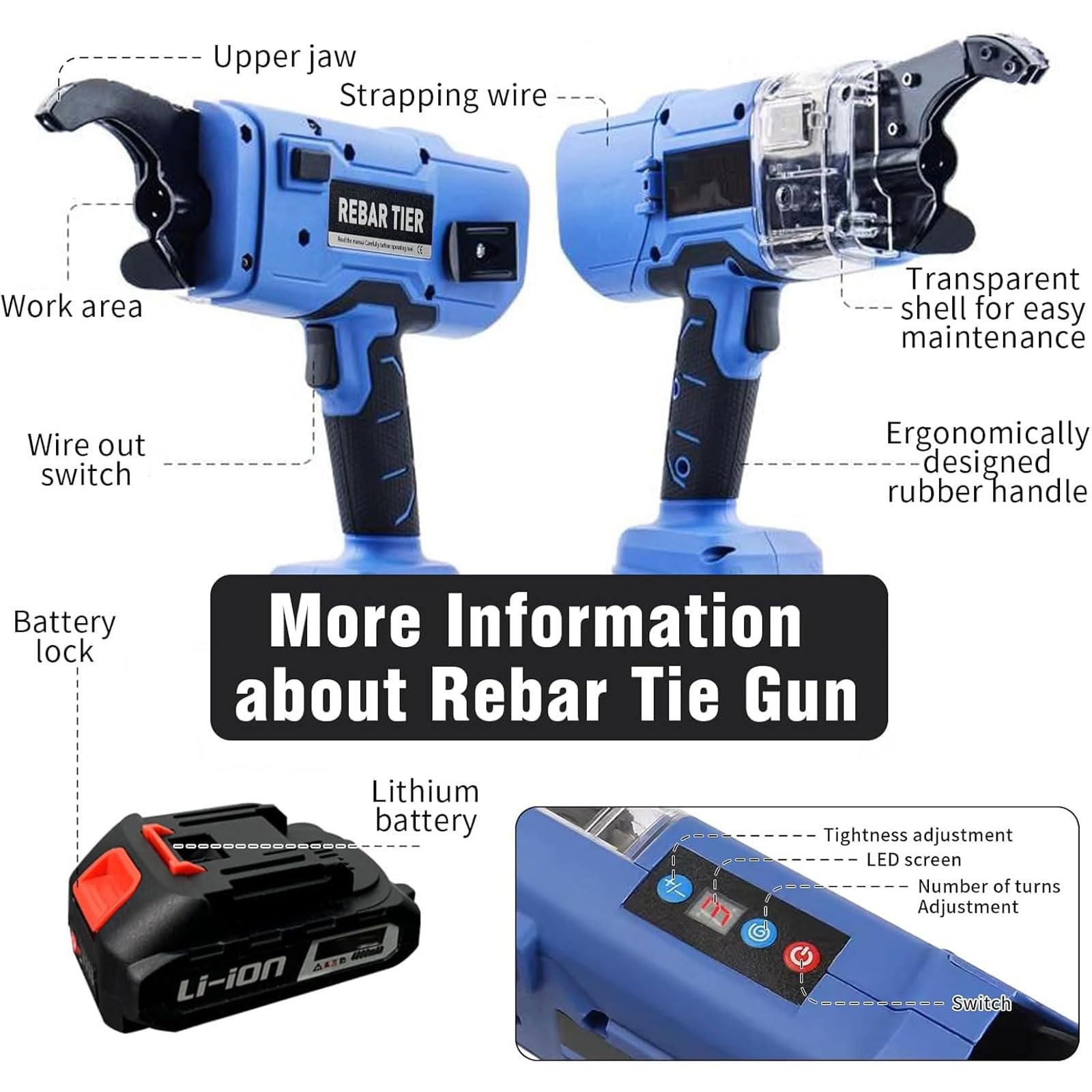 Pistola de amarre automática de barras de refuerzo, rango de agrupación de 8 a 32 mm, ajuste de 9 velocidades, funciona con batería de litio con 2 baterías de 5200 mAh para obras de construcción