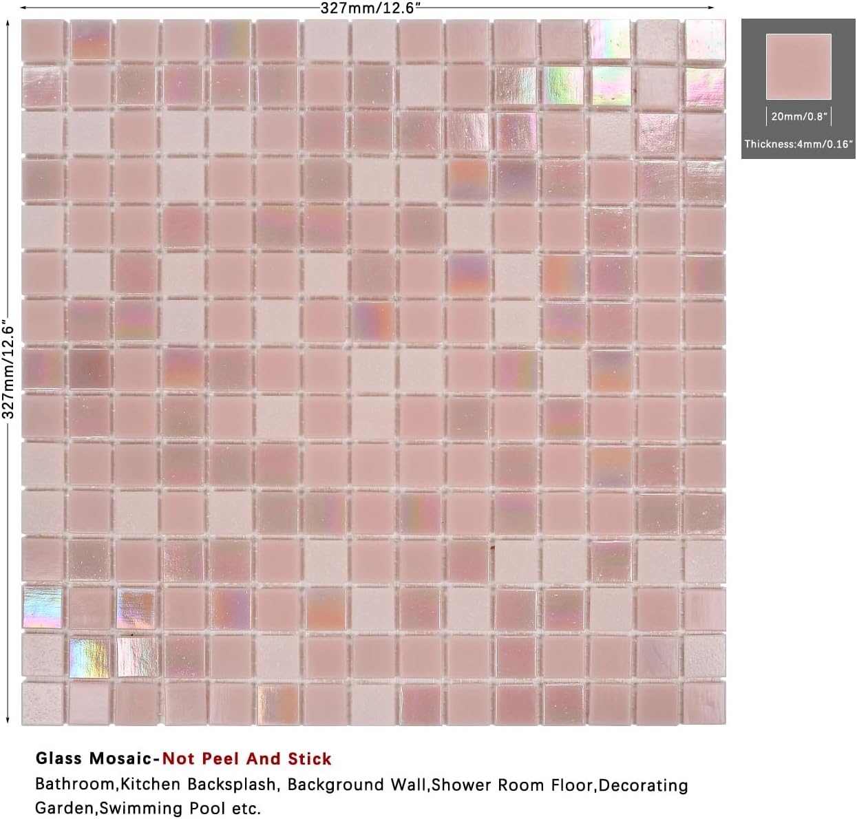 11.5 Sq.Ft Rainbow Pink Glass Mosaic Tiles, 12.9" Sheets (10-Pack), Waterproof Mesh-Mounted Backsplash for Kitchen Wall & Bathroom Floor, Grout Required (Not Peel and Stick), 4mm Iridescent
