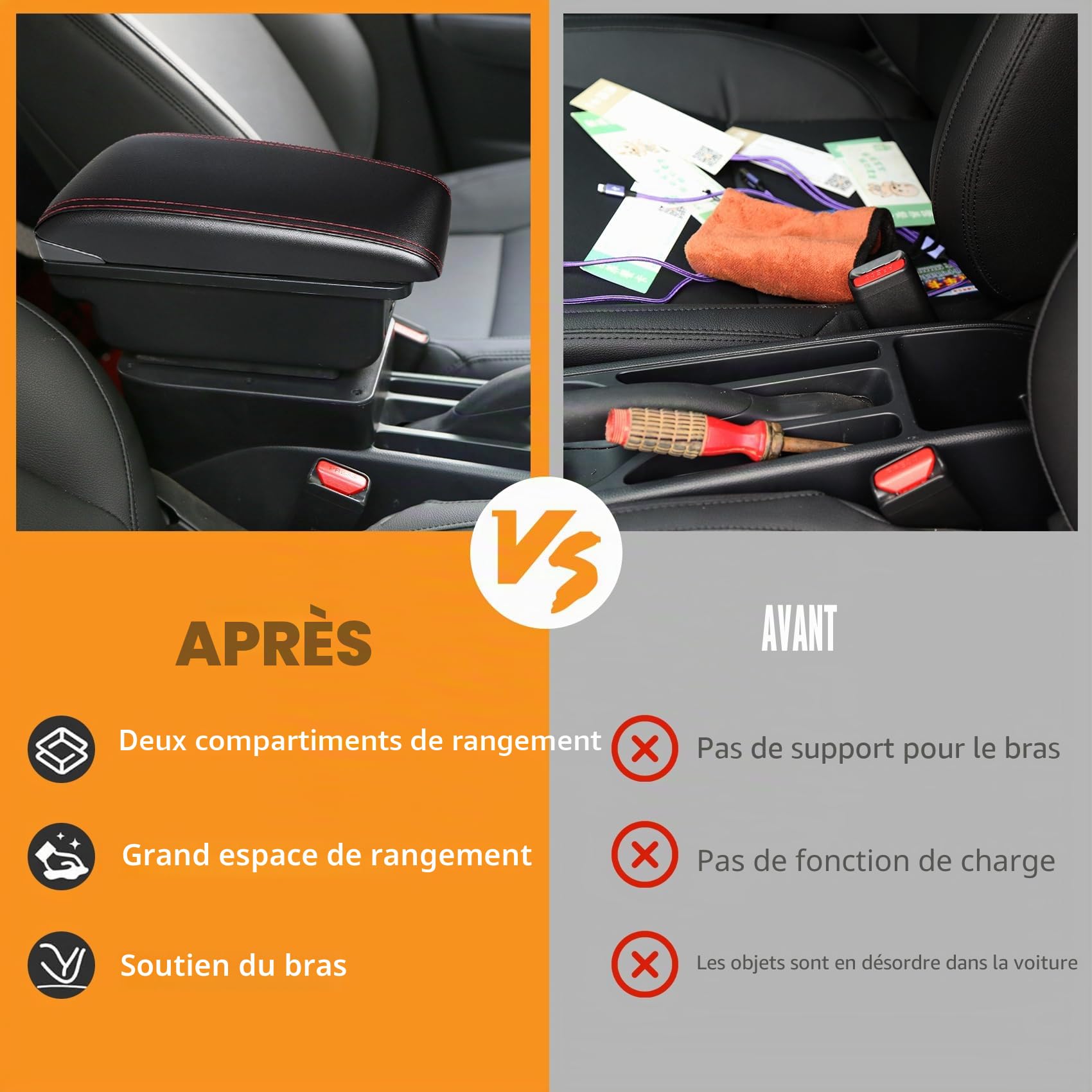 Accoudoir Centrale pour Suzuki Swift 2005-2024, Rangement Intégré, Cuir Noir, Facile à Installer, Accessoire Intérieur Voiture