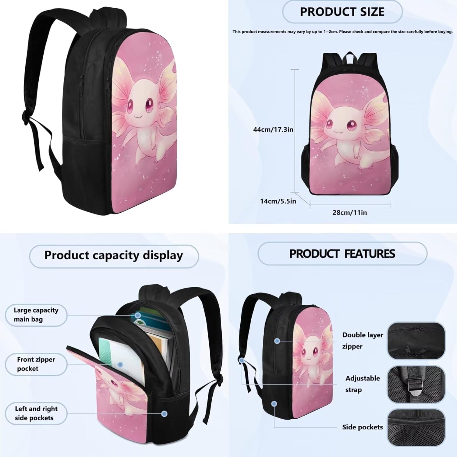 Pink Axolotl Backpack for Girls for School Book Bags for Kids with Lunch Boxes Set Pencil Box Portables Backpacks for Teens Girls for Schools Nurseries Kindergartens