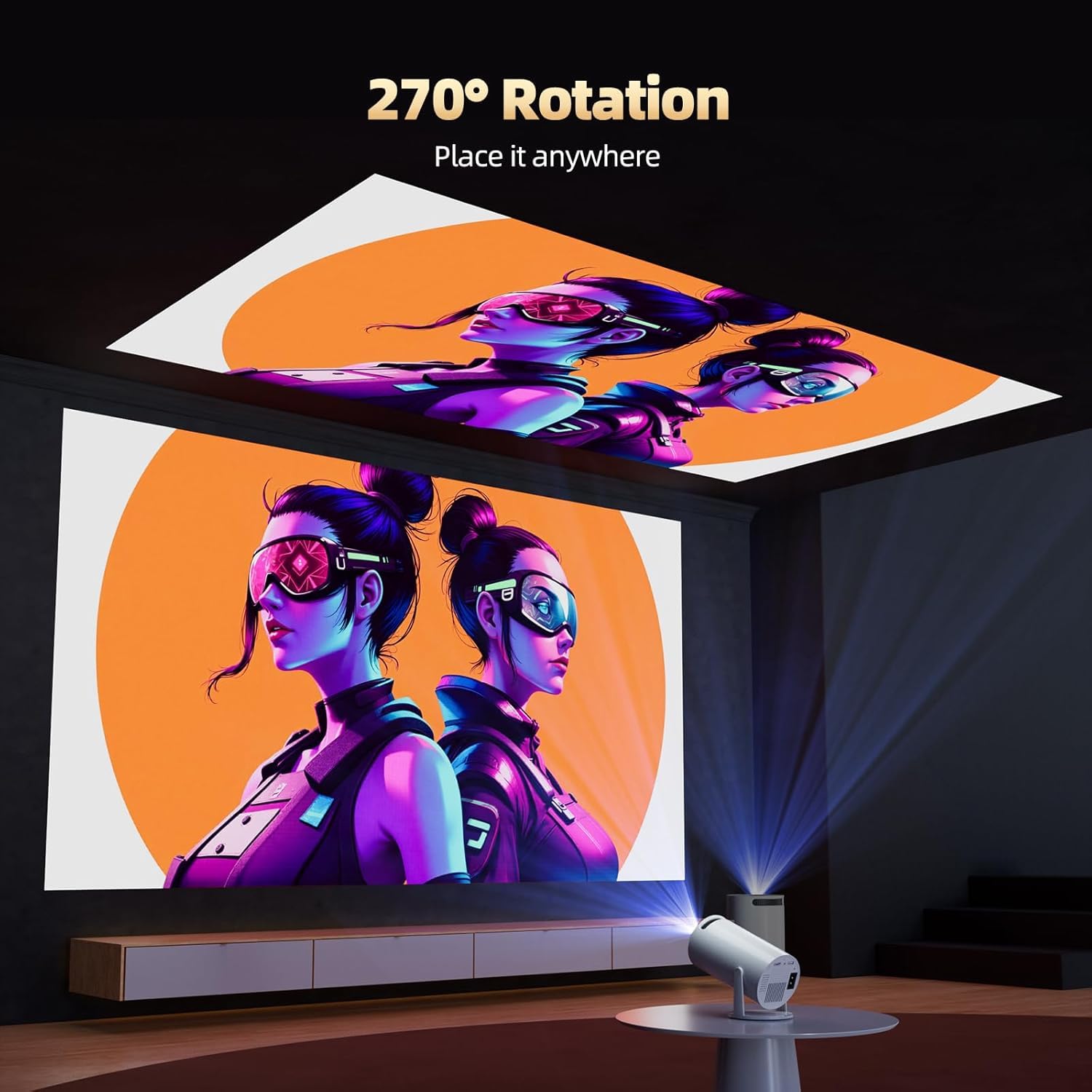 Mini Projector, HY300 PRO Portable Projector, Support 4K 1080P with Dual-Band WIFI6 5G Wireless 5.2 Bluetooth Android 11, 180° Rotatable, Auto Keystone Correction, 35"-130" Screen Video Projector 2