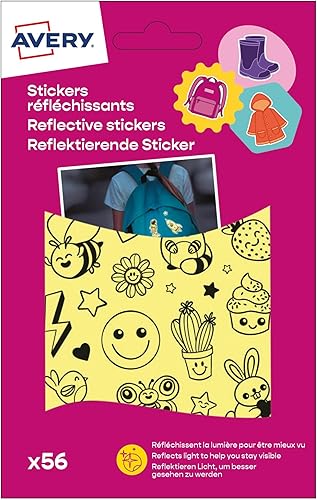 AVERY - 56 stickers réfléchissants motifs smiley pour enfants, autocollants perm