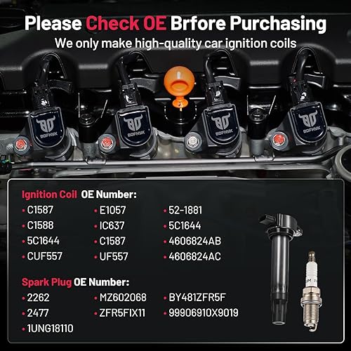 Vista 164 de BDFHYK Paquete de bobinas de encendido UF596 y bujías de iridio 93501 compatibles con Toyota Corolla 2009 2010 2011 2012 2013 Toyota Prius Matrix