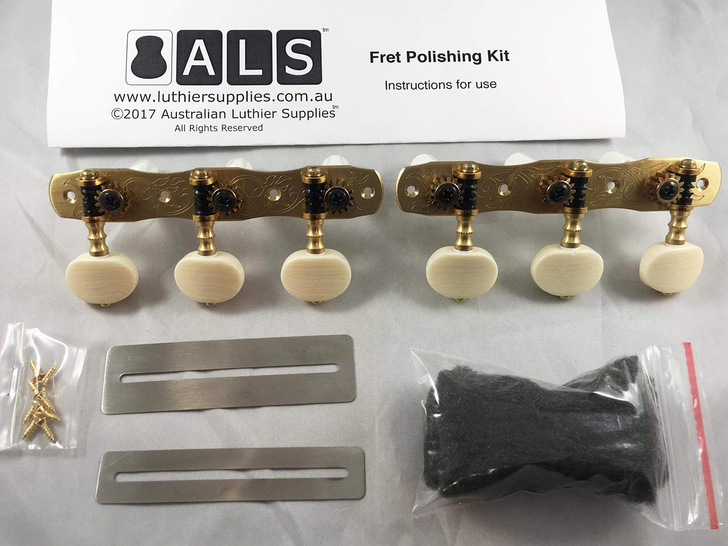 Gotoh Mechaniken f?r klassische Gitarre (Bonus ALS-Bund-Polier-Kit) 35G1800-2M Modell-Stimmwirbel von Gotoh Japan, massives Messing mit elfenbeinfarbenen Kn?pfen