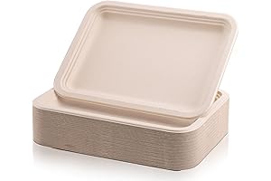 Lawei 14" Rectangle Paper Plates - Biodegradable, Compostable, Heavy-Duty Bagasse Disposable Food Trays