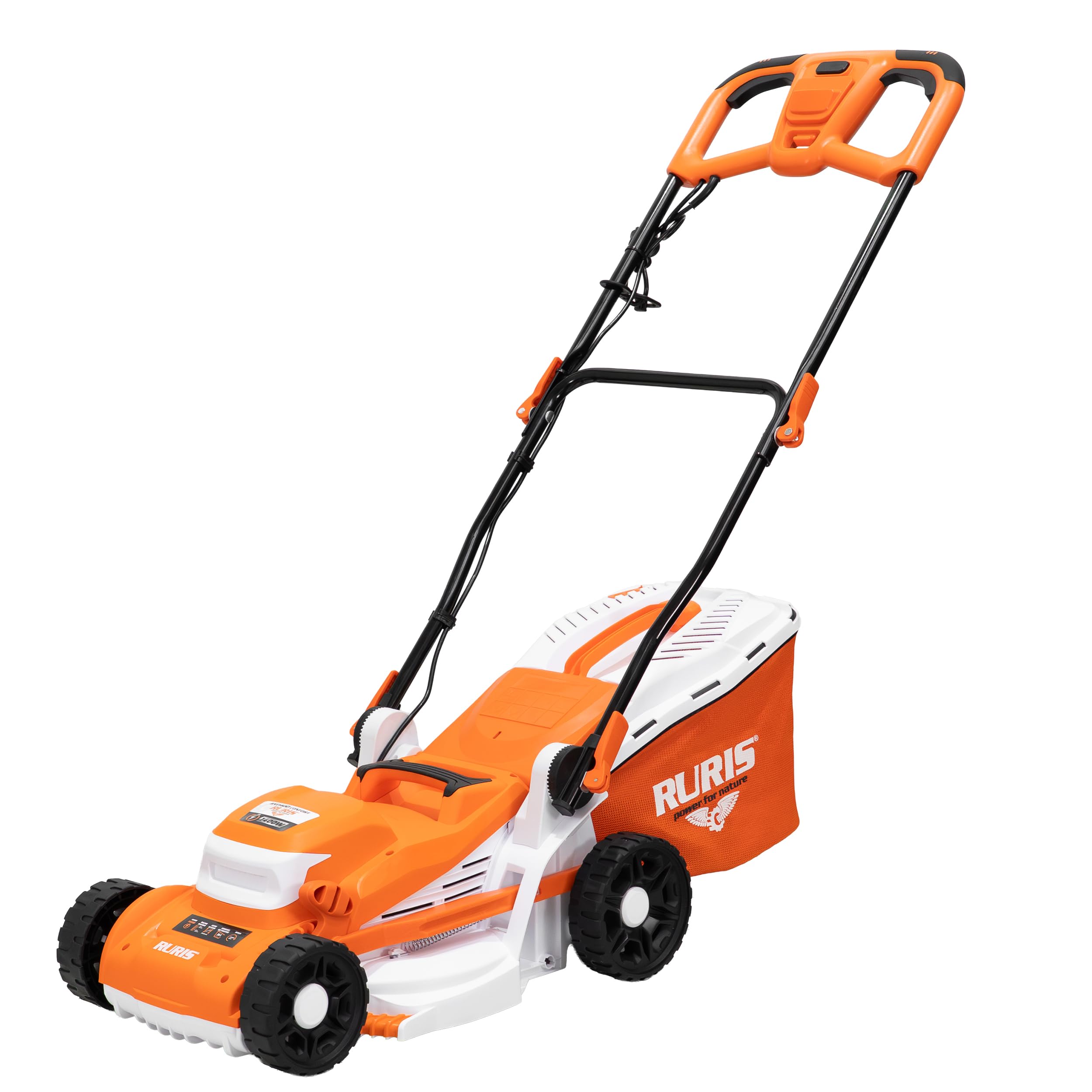 RURIS RXE1400 Comfort tosaerba elettrico 1400 W larghezza 340 mm 6 altezze 20-70 mm vassoio 35 L pettine taglio manico Comfort Pro regolabile 9 kg