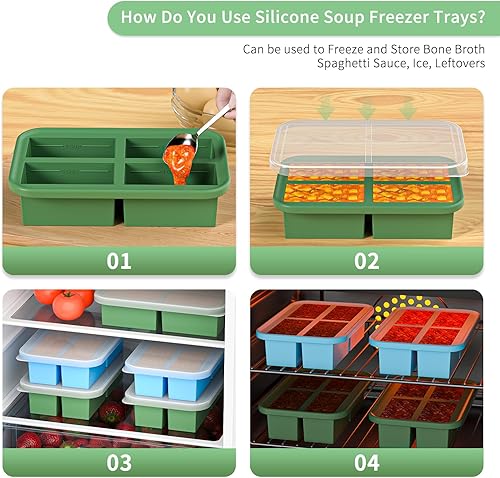 Miniatura 4 de Bongpuda Contenedores de almacenamiento de silicona para congelador con tapa, hace 4 bandejas perfectas para cubitos de hielo de 1 taza para