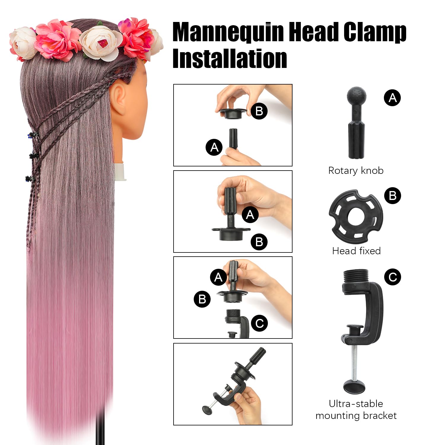Styling Head 28 inch Training Head 100% Synthetic Fibres Hairdressing Head Hairdresser Training Heads with Free Clamp and DIY Braiding Set (Gradient powder) - Image 4