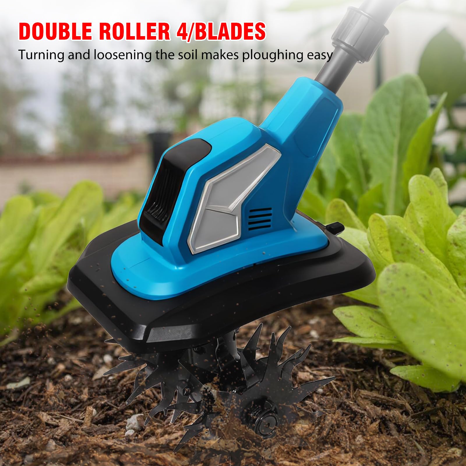 Motocultor eléctrico de batería para Makita de 18 V, azada de suelo con doble rueda de 4 cuchillas, diseño desmontable, ancho de trabajo de 17 cm, profundidad de trabajo de 24 cm, para agricultura y