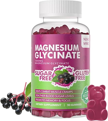 Gomitas de glicinato de magnesio de 1000 mg  Suplemento de magnesio y potasio sin azúcar con vitamina D, B6, CoQ10 para un estado de ánimo tranquilo